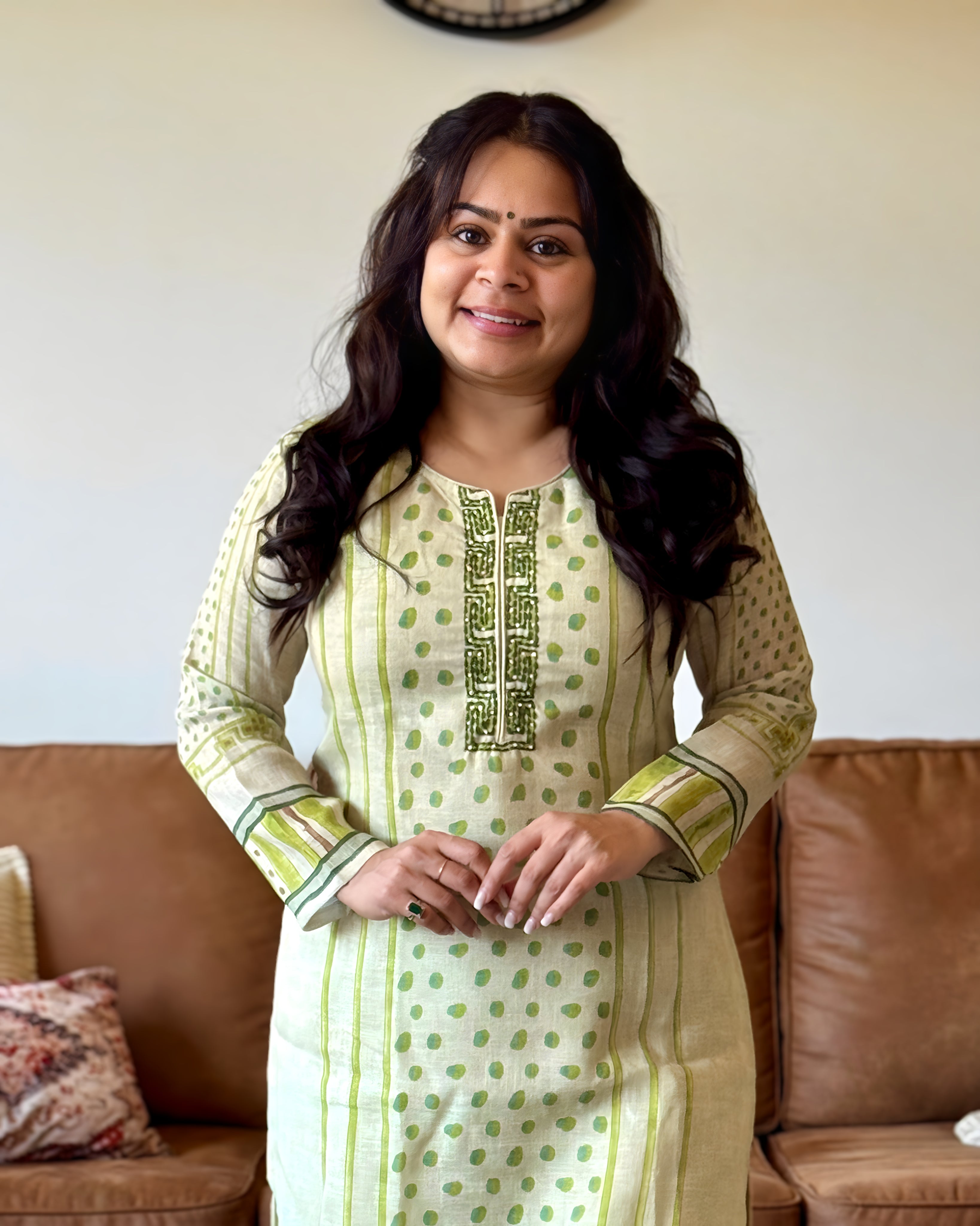 Dhwani wearing premium cotton green printed suit with embroidered neckline and matching dupatta – Go Desi Canada