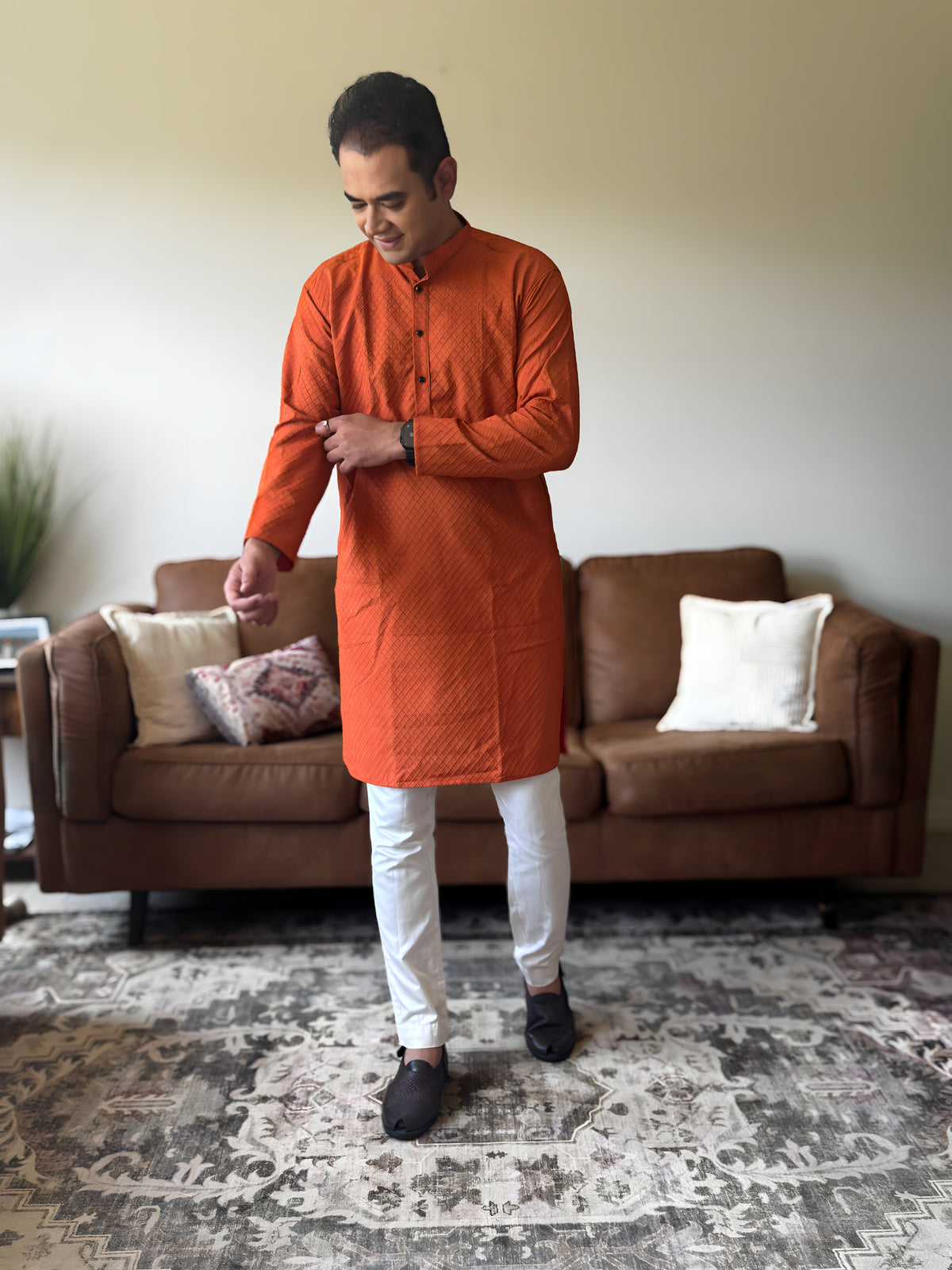 Orange Self Print Men Kurta