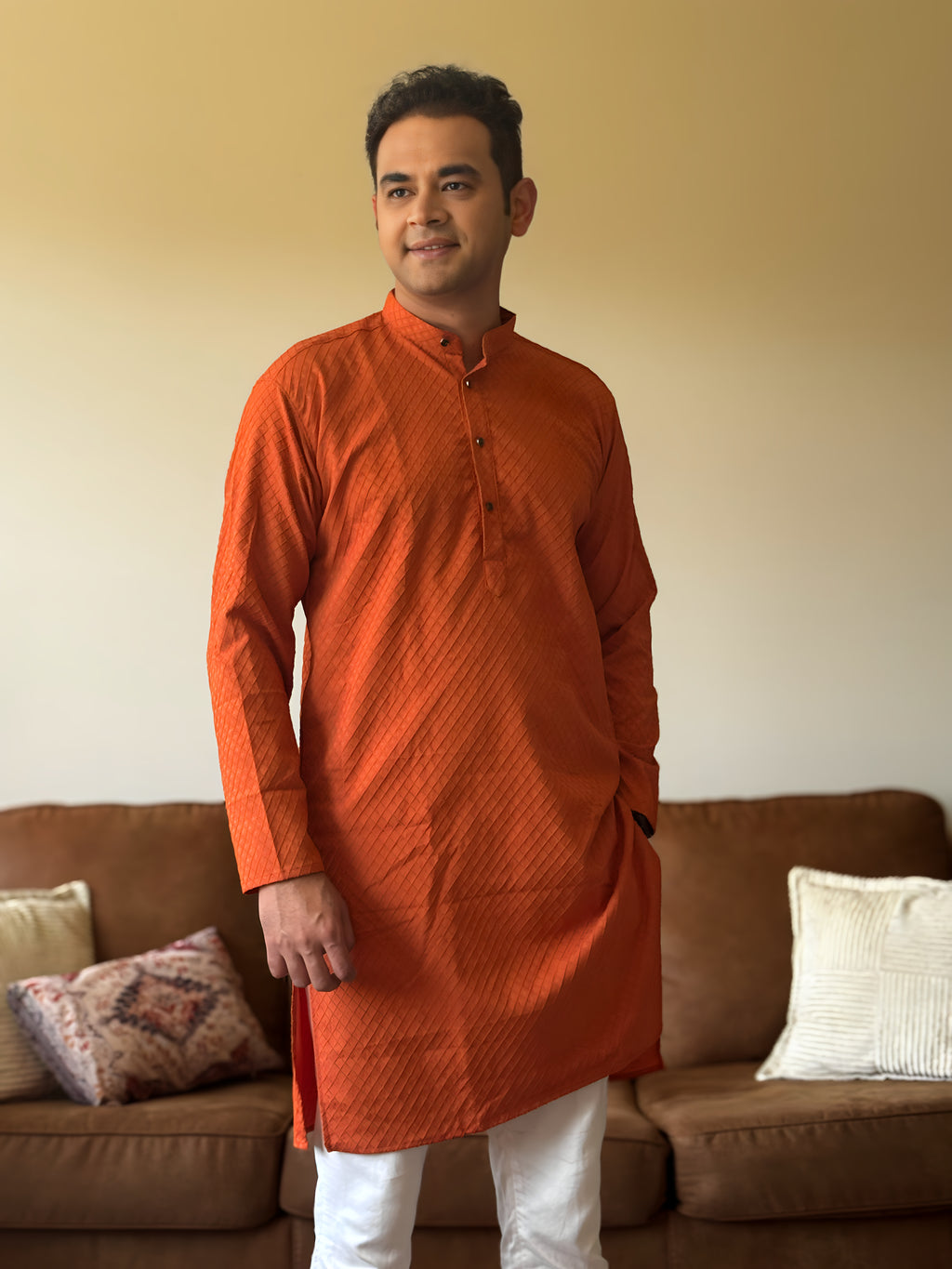 Orange Self Print Men Kurta