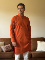 Orange Self Print Men Kurta