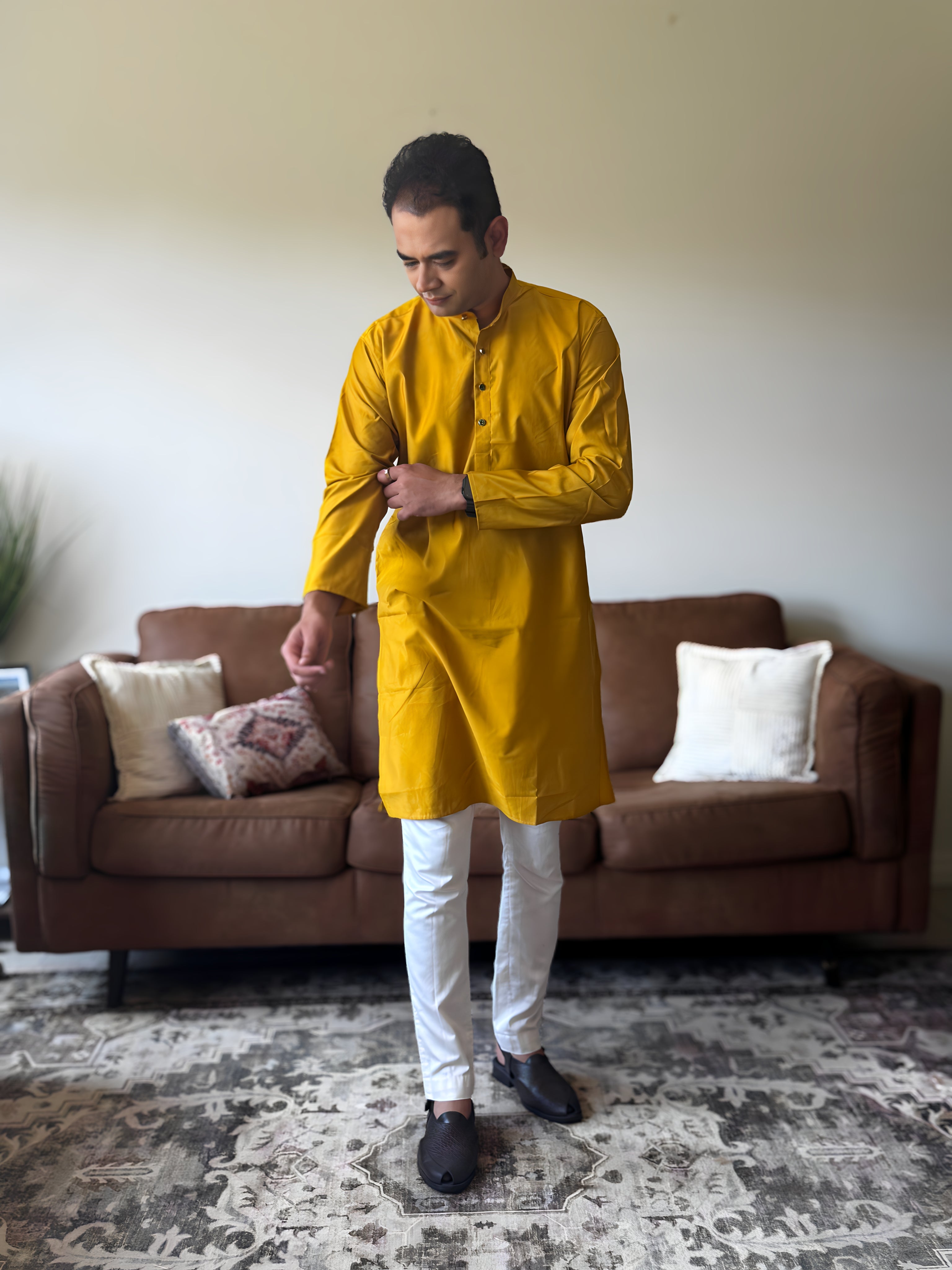 Yellow Plain Men Kurta