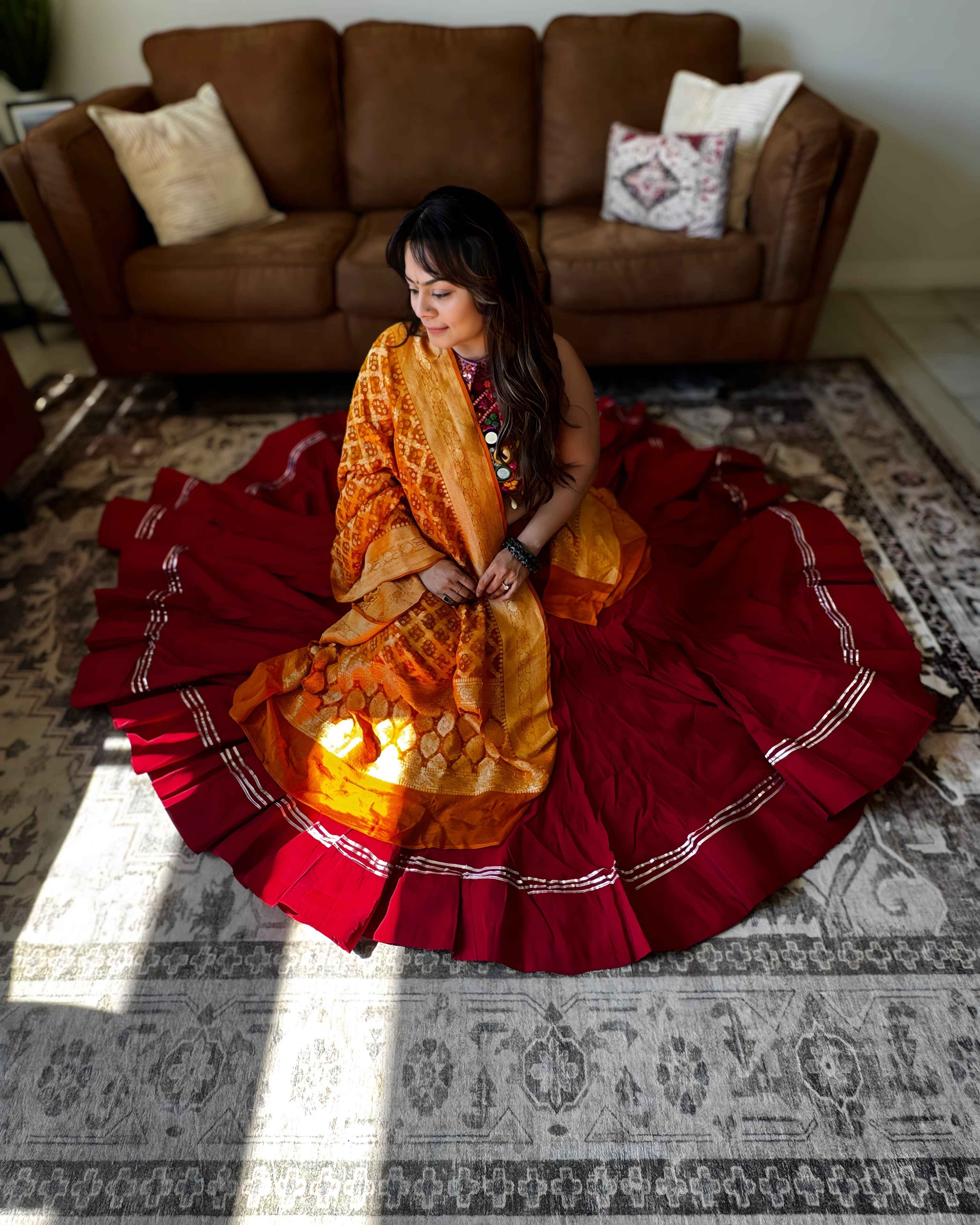 Red Multicolor Chaniya Choli with Authentic Orange Bandhani Dupatta – 18 Metre Gher