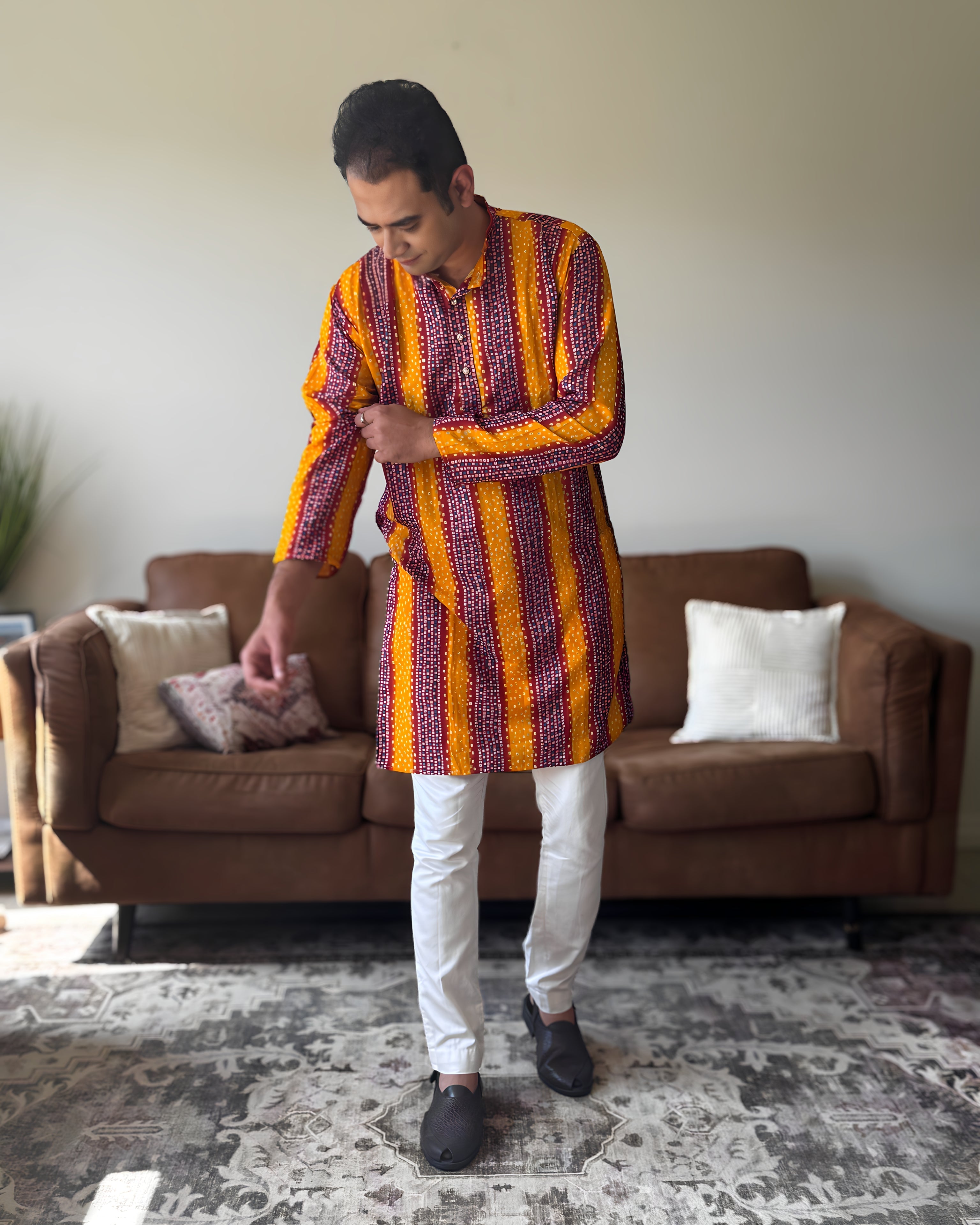 Orange Red Bandhani Men Kurta