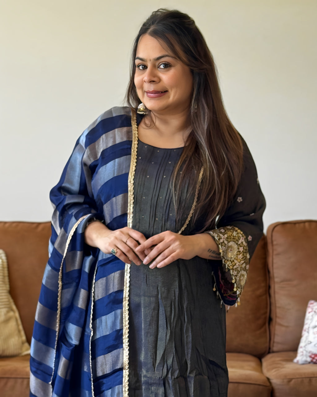 Blue Shimmer Glass Tissue Kurta Set for Women