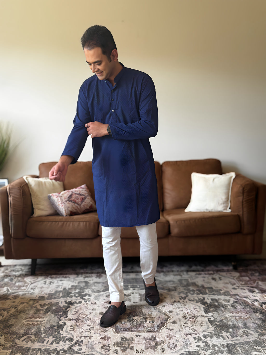 Navy Blue Self Print Men Kurta 