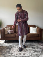 Wine Thread Work Men Kurta