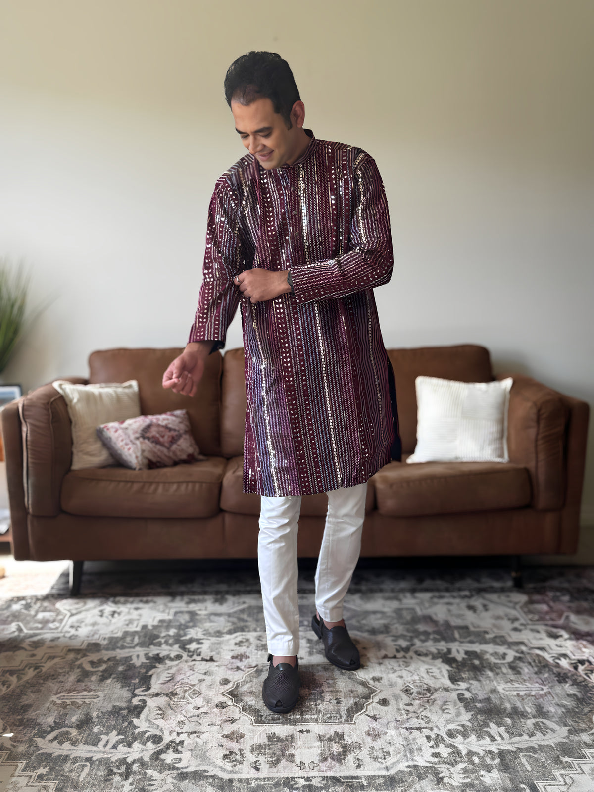 Wine Thread Work Men Kurta