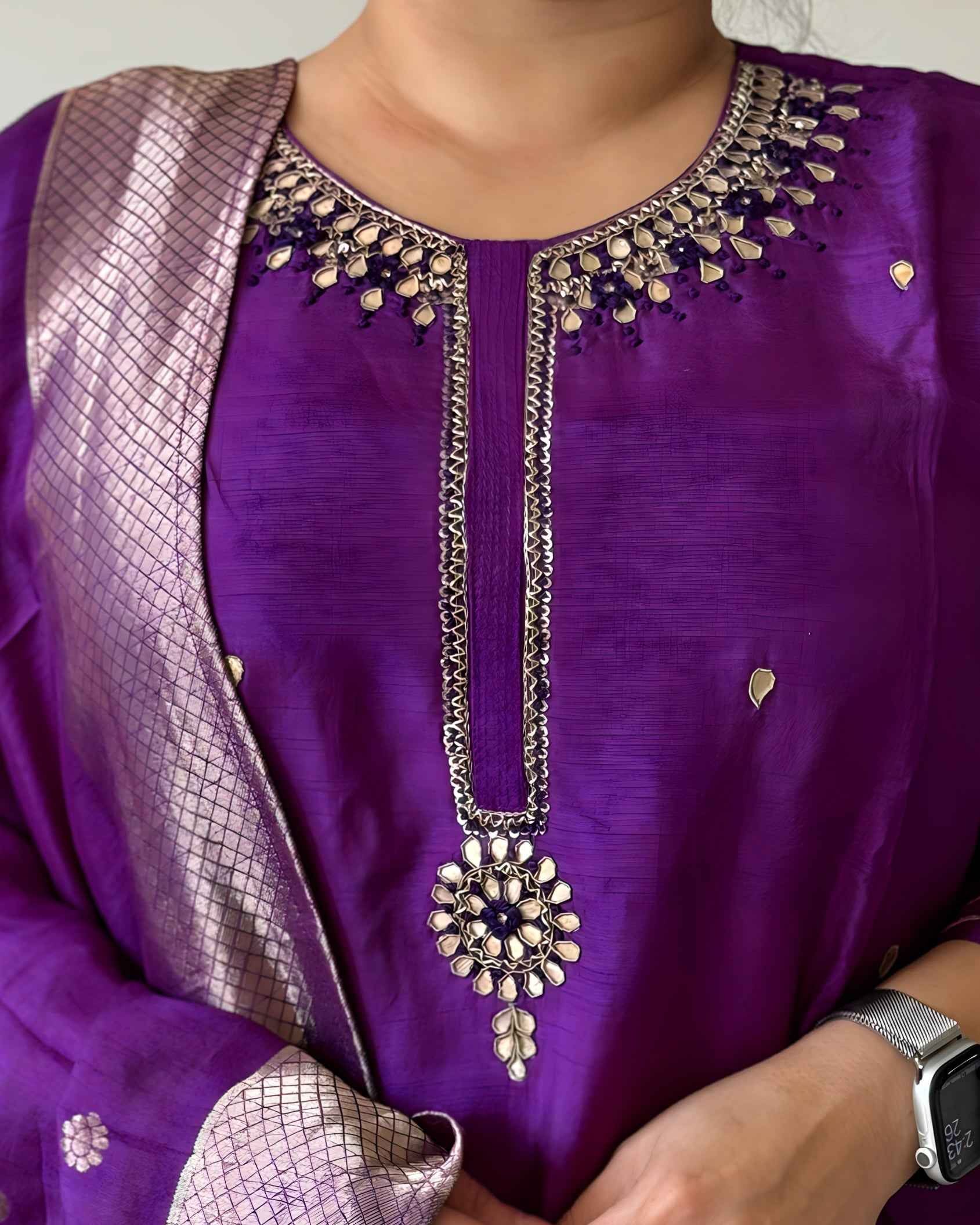 Purple Gota Patti Premium Russian Silk Suit Set – Festive Ethnic Wear with Round Neck
