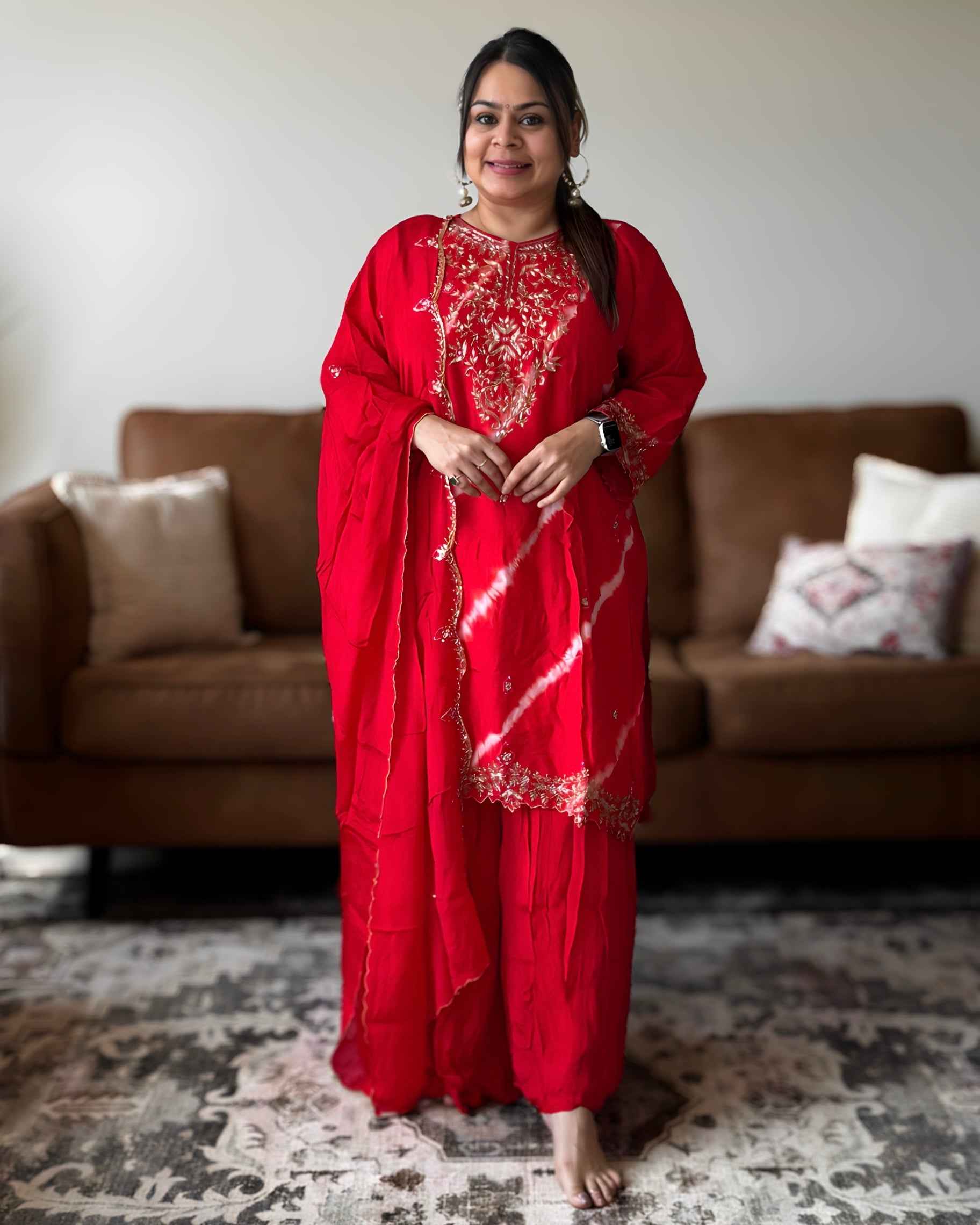 Red Leheriya Dola Silk A-Line Set – Premium Ethnic Wear with Round Neck (Up to 3XL)