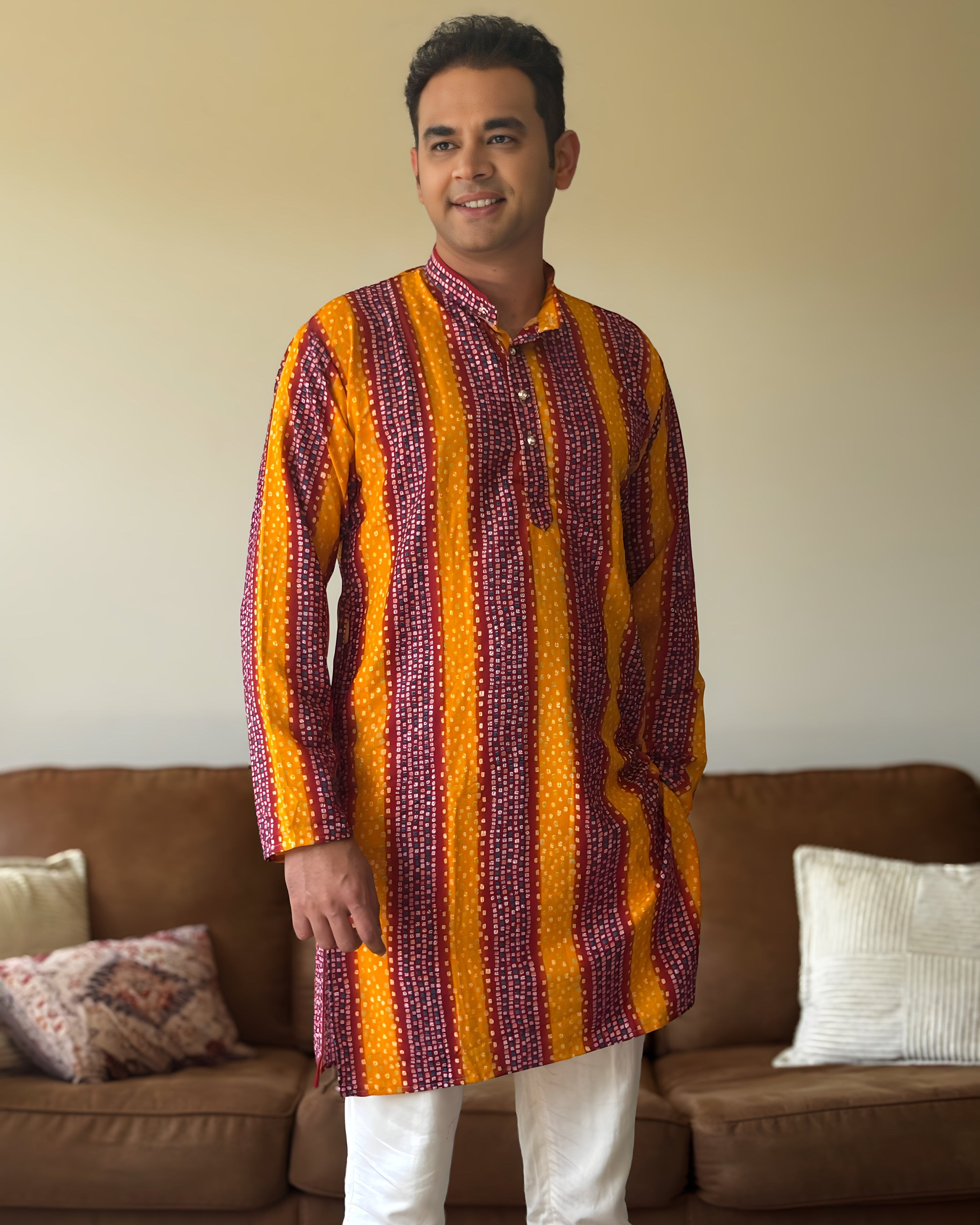 Orange Red Bandhani Men Kurta