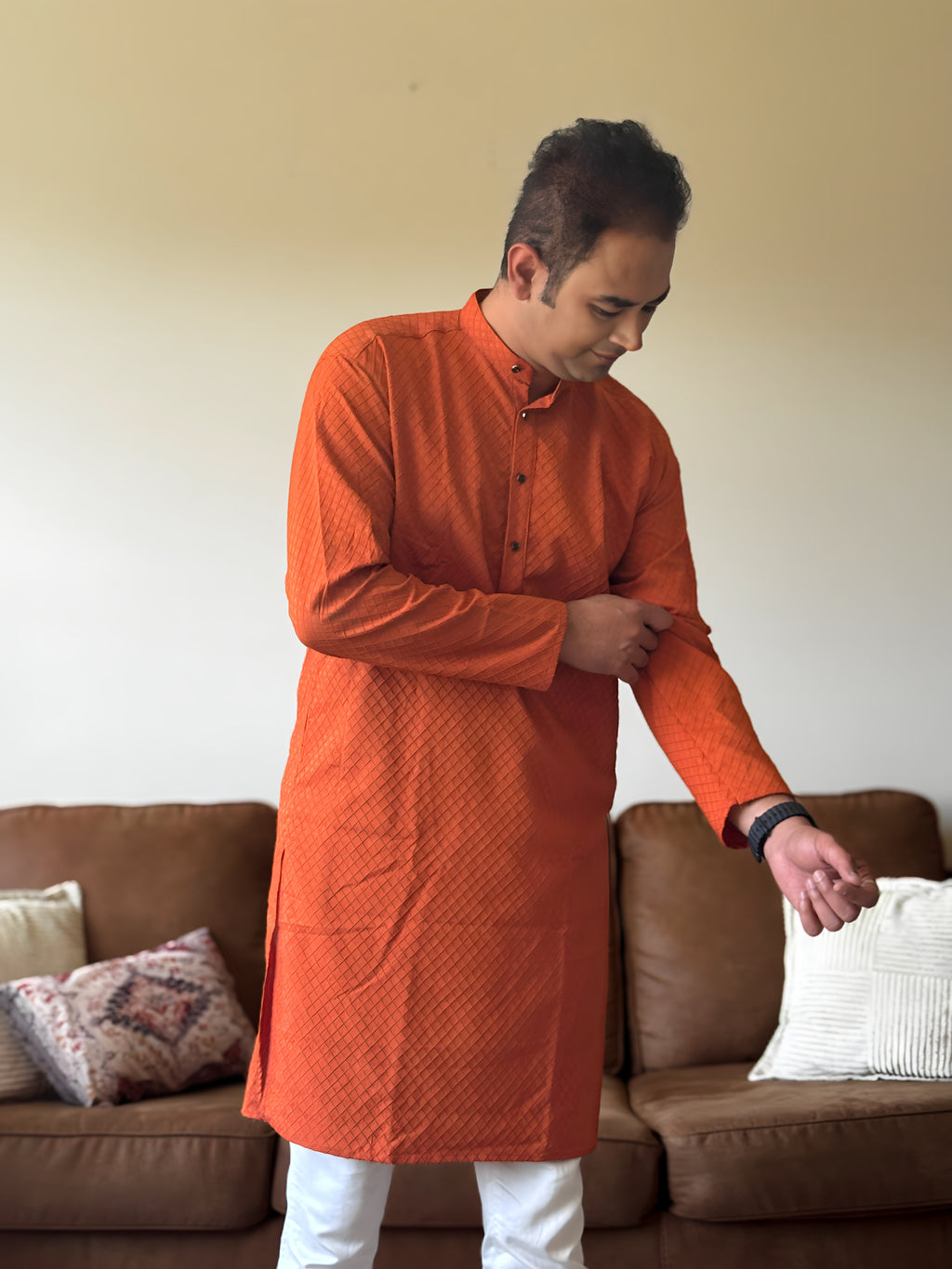 Orange Self Print Men Kurta