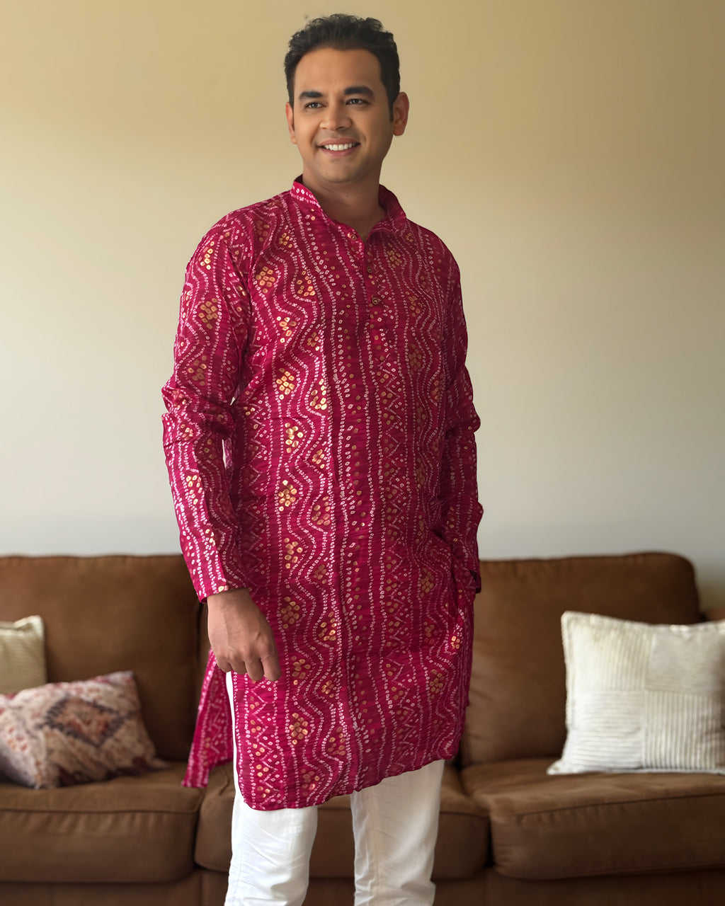 Rani Pink Bandhani Men Kurta