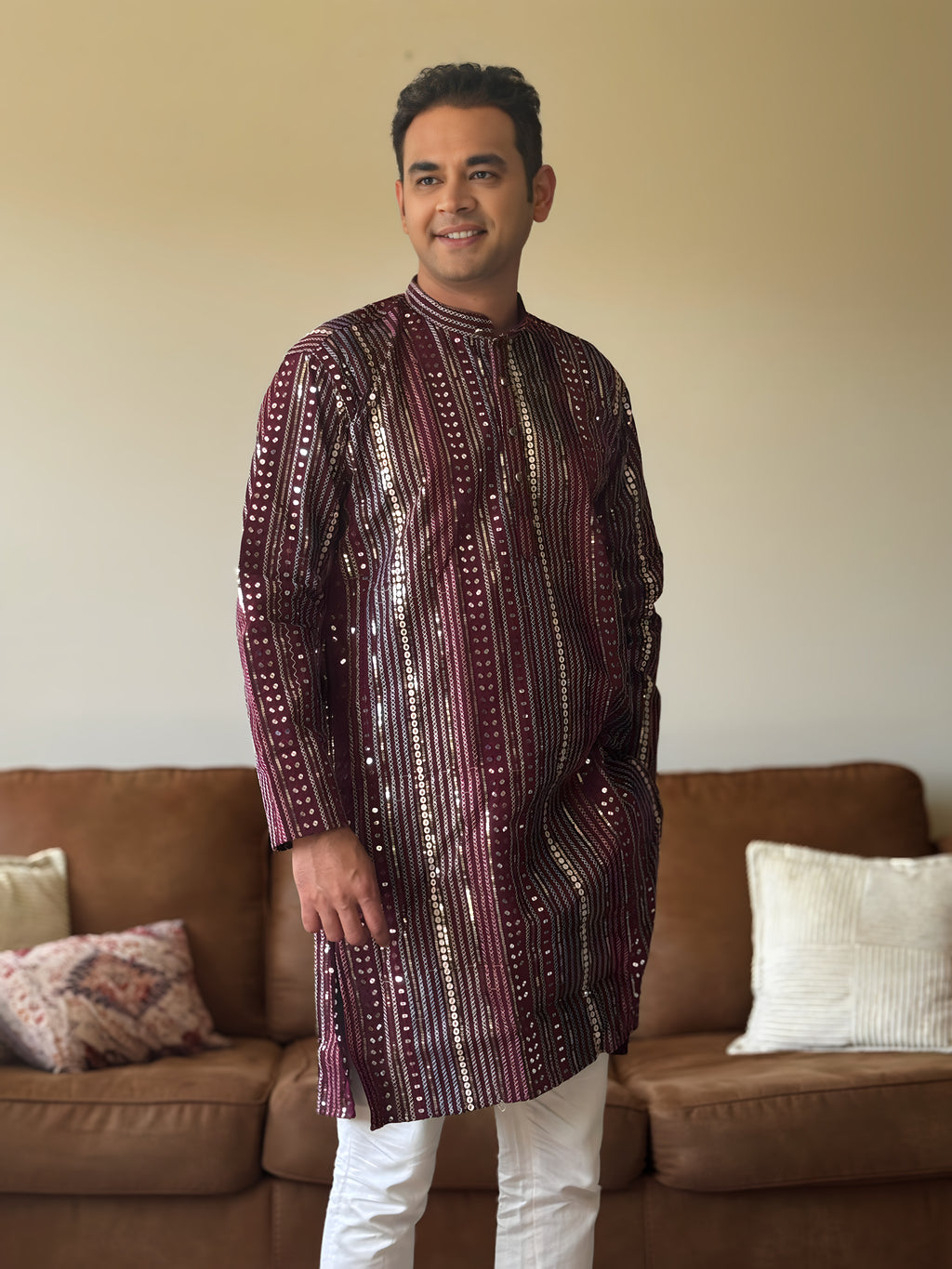 Wine Thread Work Men Kurta