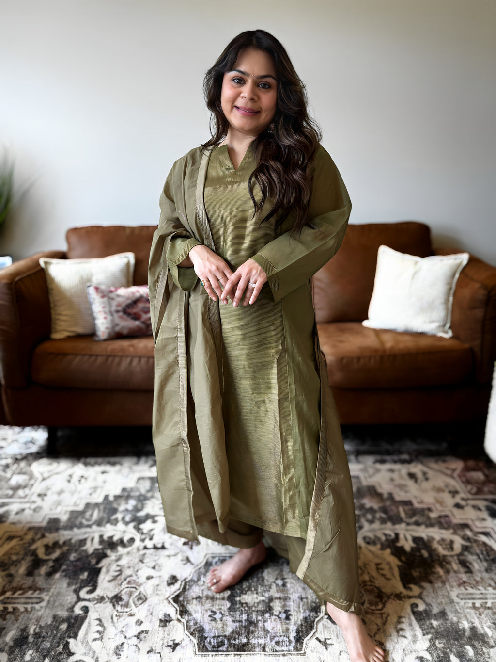 Olive Green Shimmer Mul Chanderi Kurta Set for Women