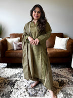 Olive Green Shimmer Mul Chanderi Kurta Set for Women