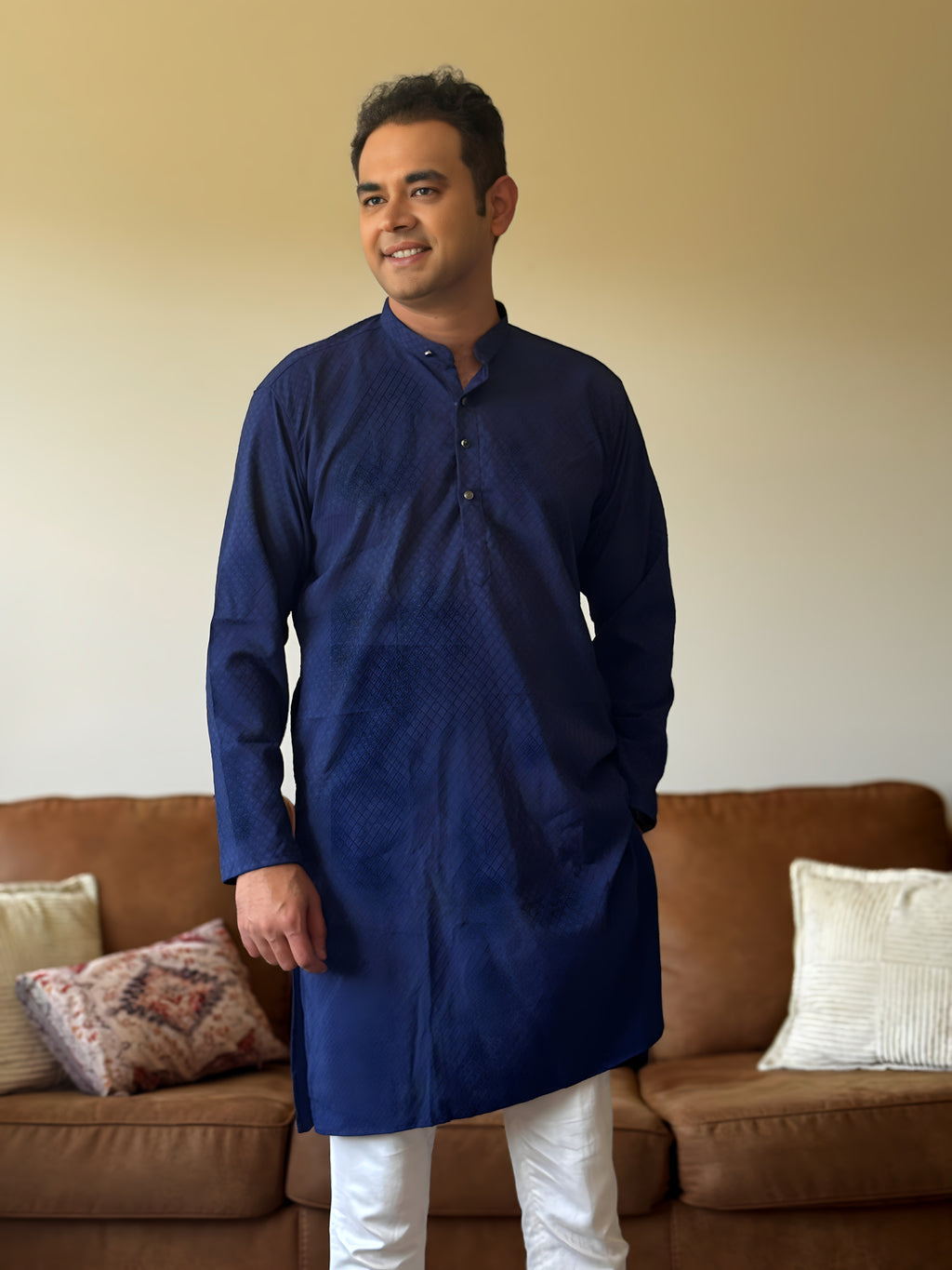 Navy Blue Self Print Men Kurta 