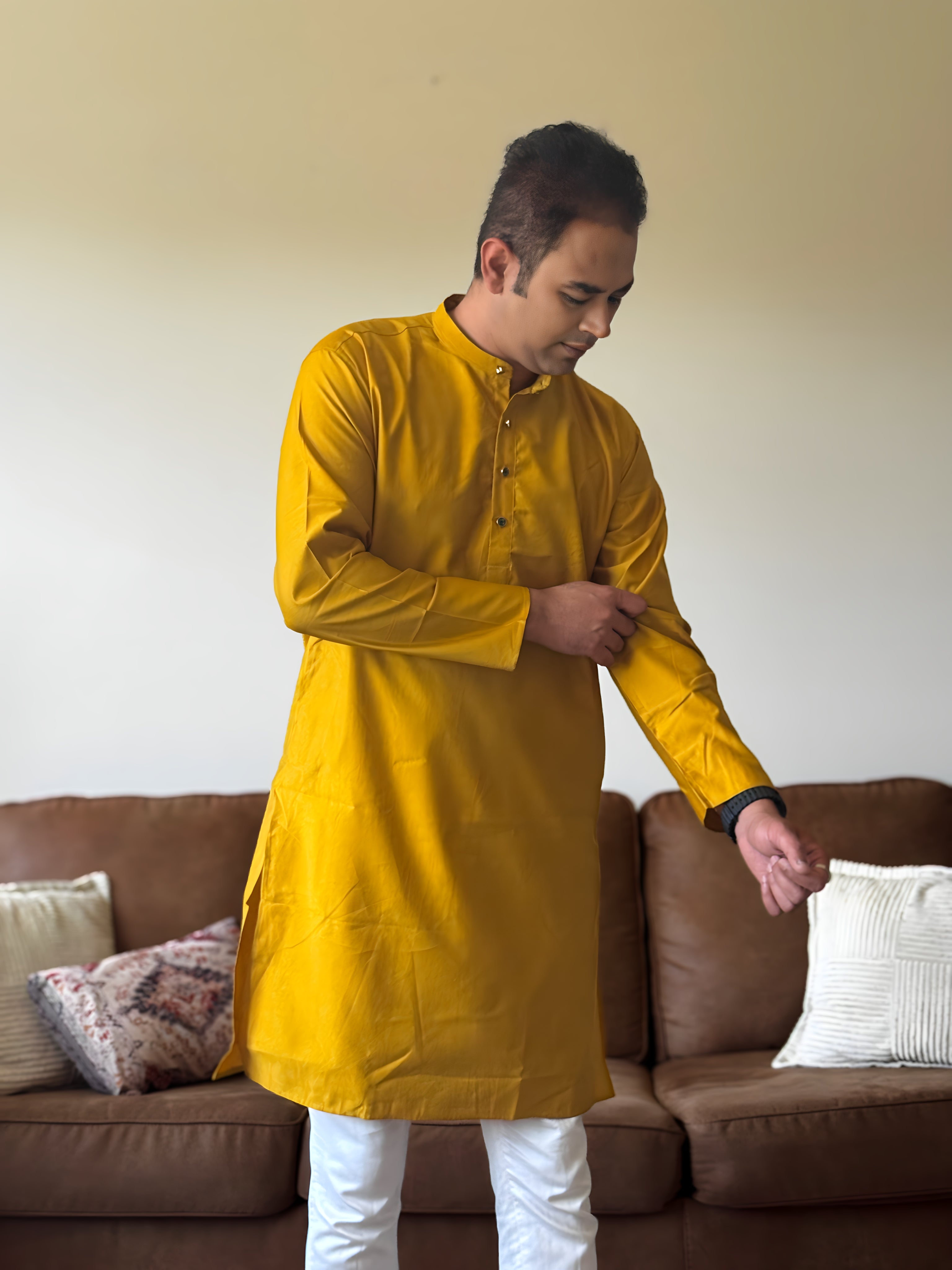 Yellow Plain Men Kurta