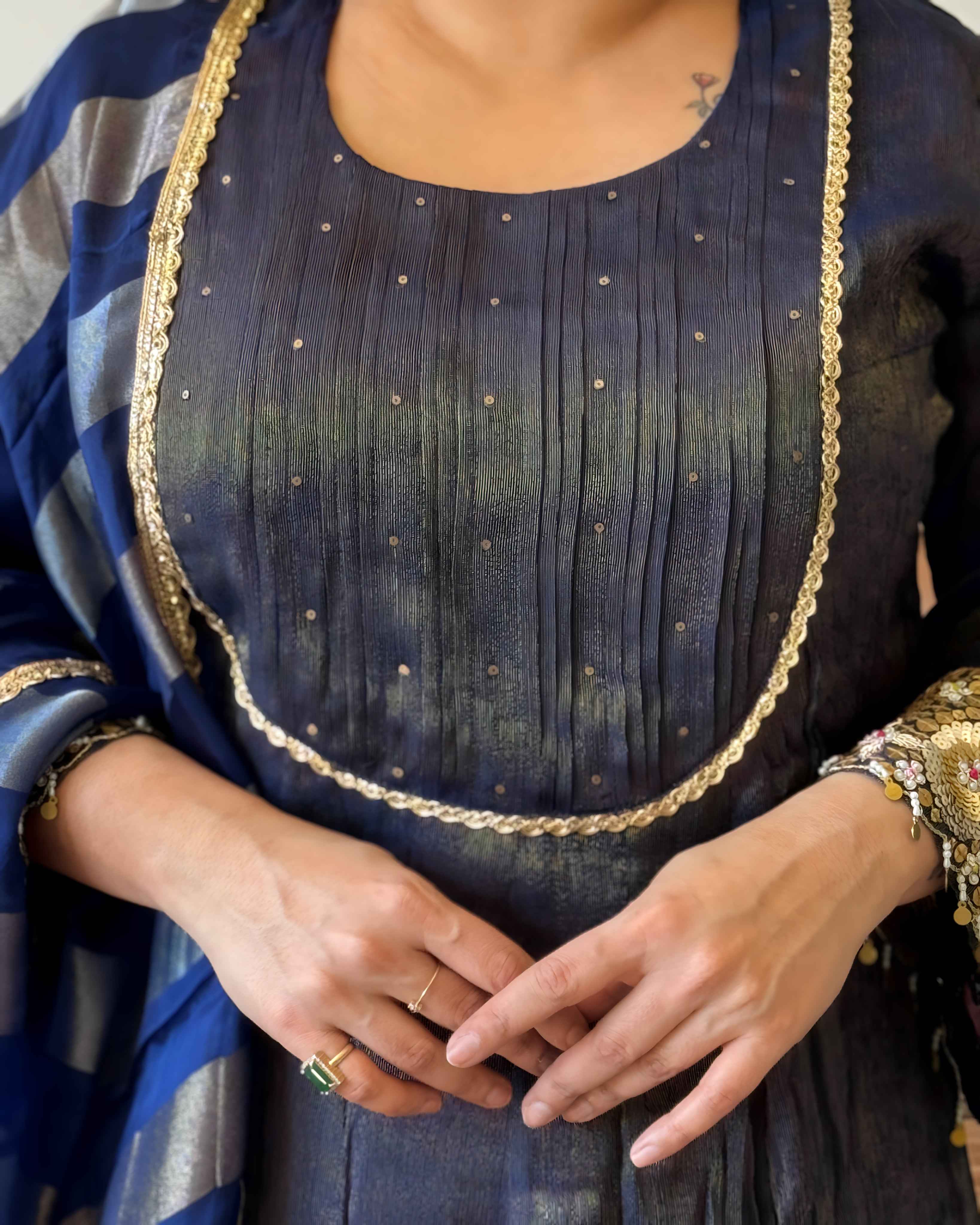 Blue Shimmer Glass Tissue Kurta Set for Women