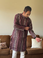 Wine Thread Work Men Kurta