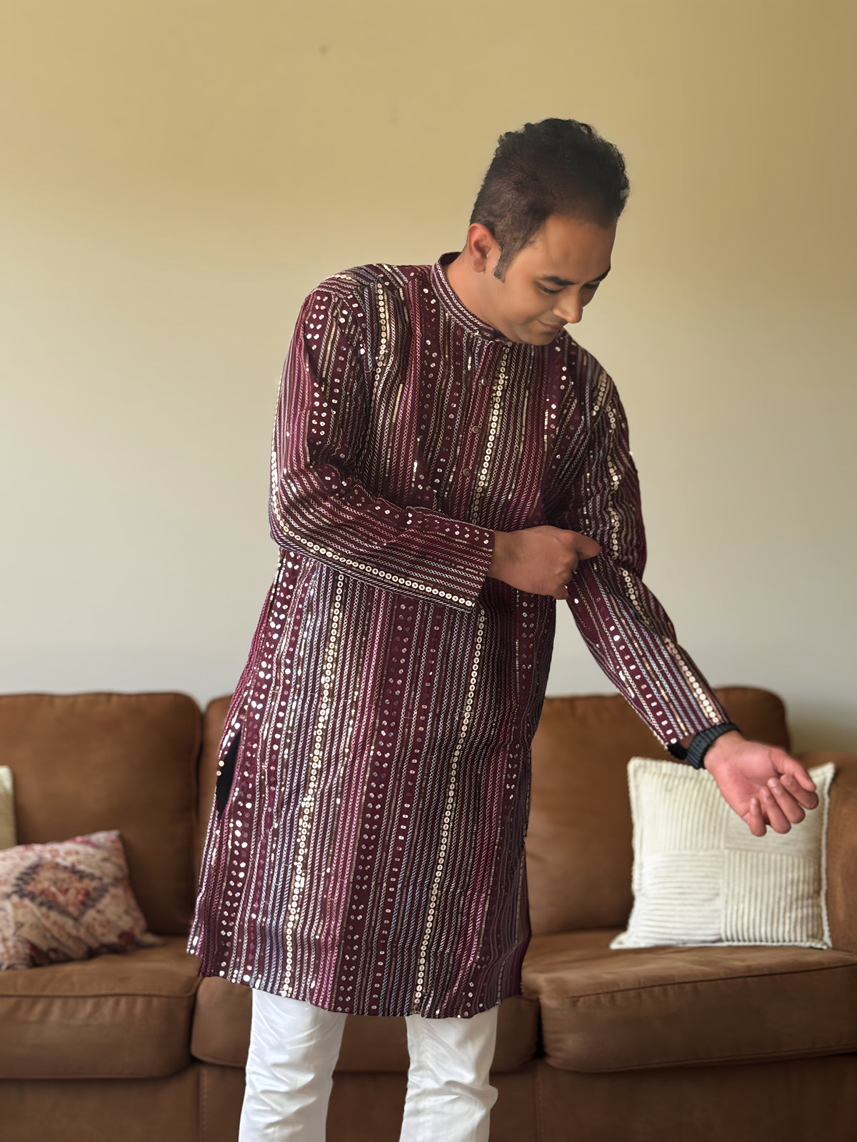 Wine Thread Work Men Kurta