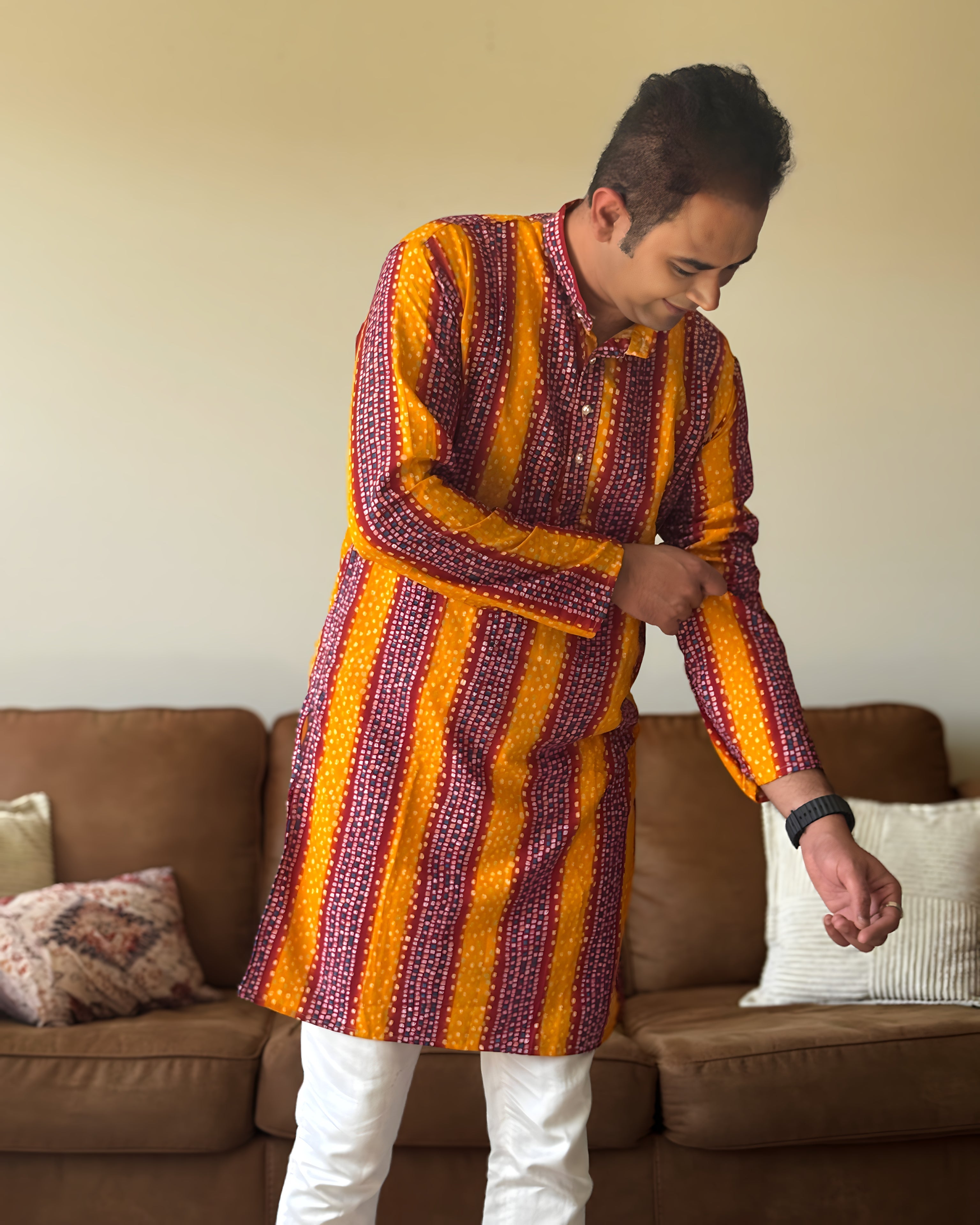Orange Red Bandhani Men Kurta