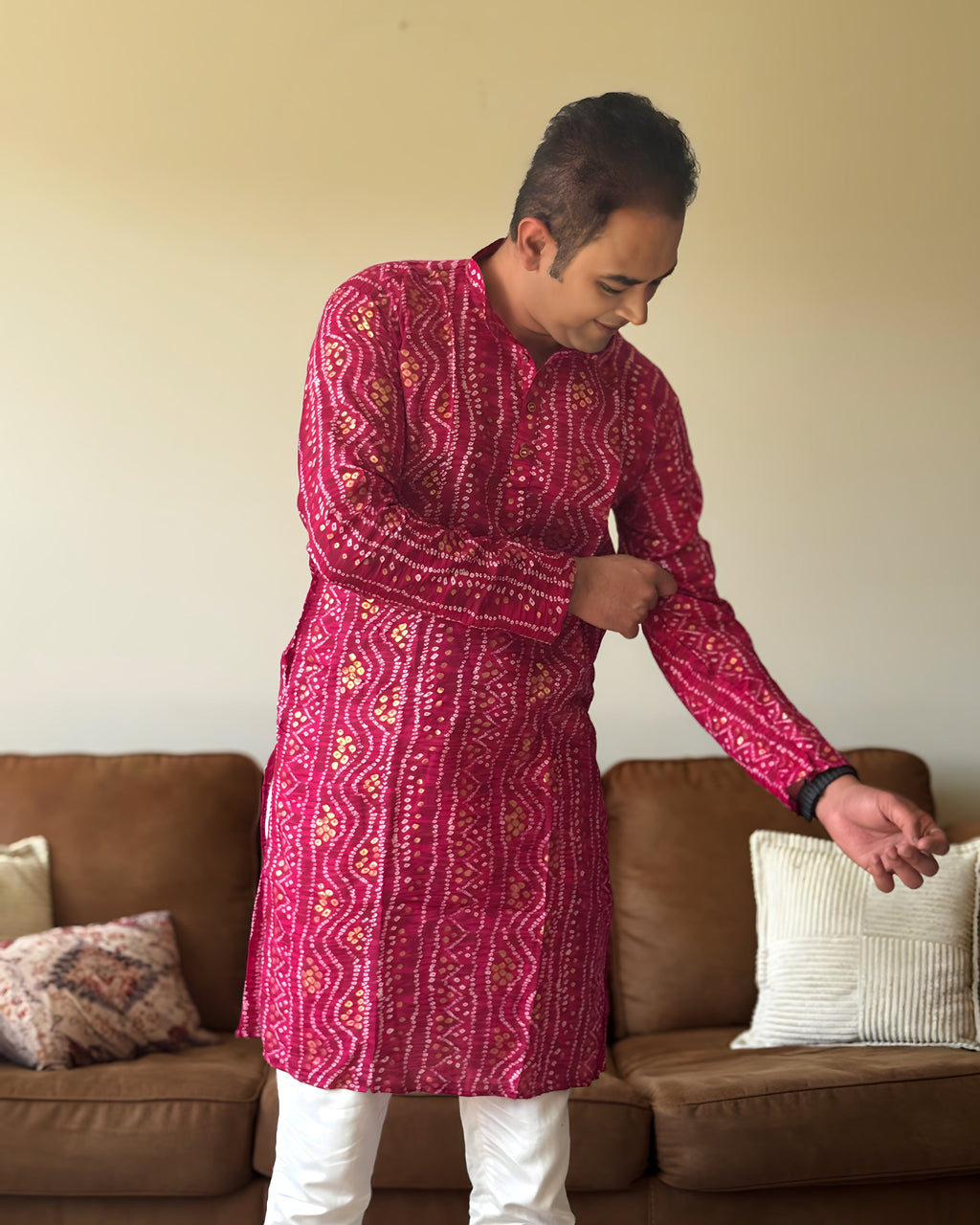 Rani Pink Bandhani Men Kurta