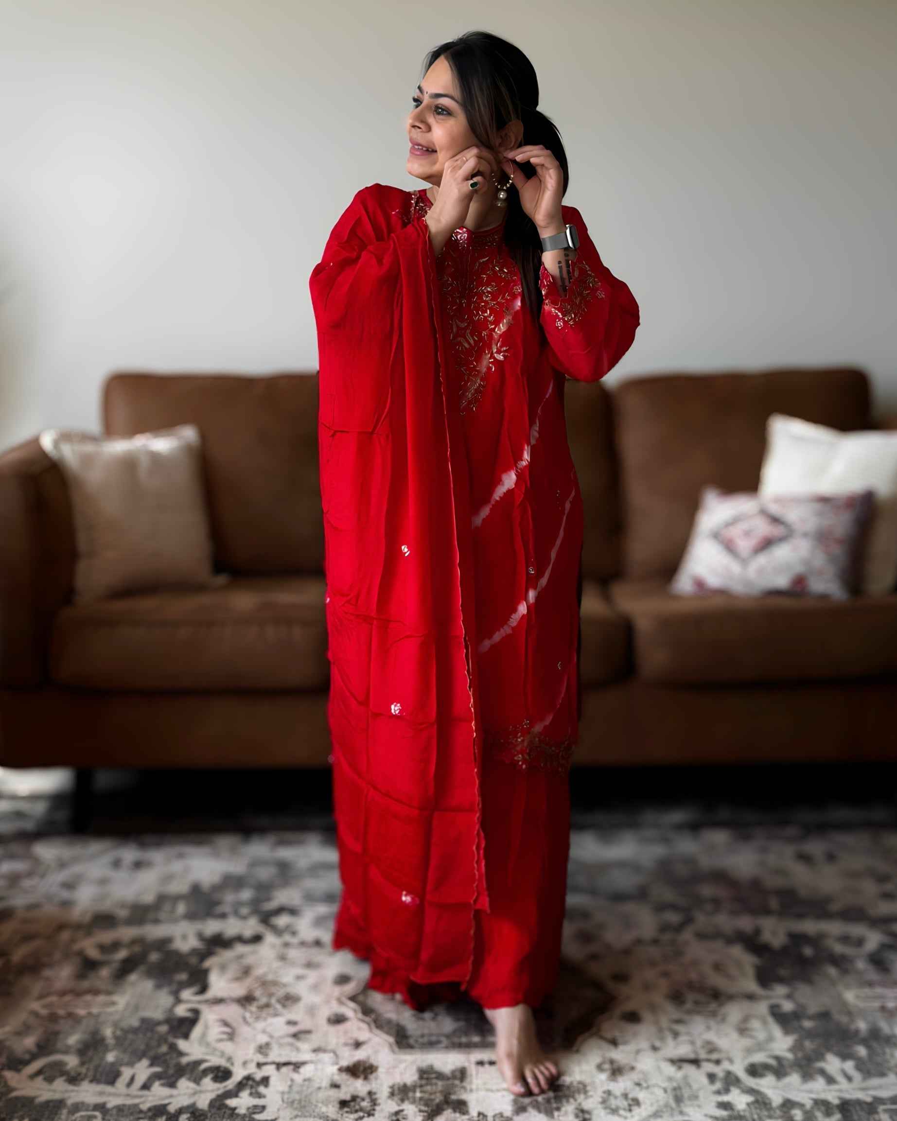 Red Leheriya Dola Silk A-Line Set – Premium Ethnic Wear with Round Neck (Up to 3XL)