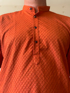 Orange Self Print Men Kurta