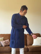 Navy Blue Self Print Men Kurta 