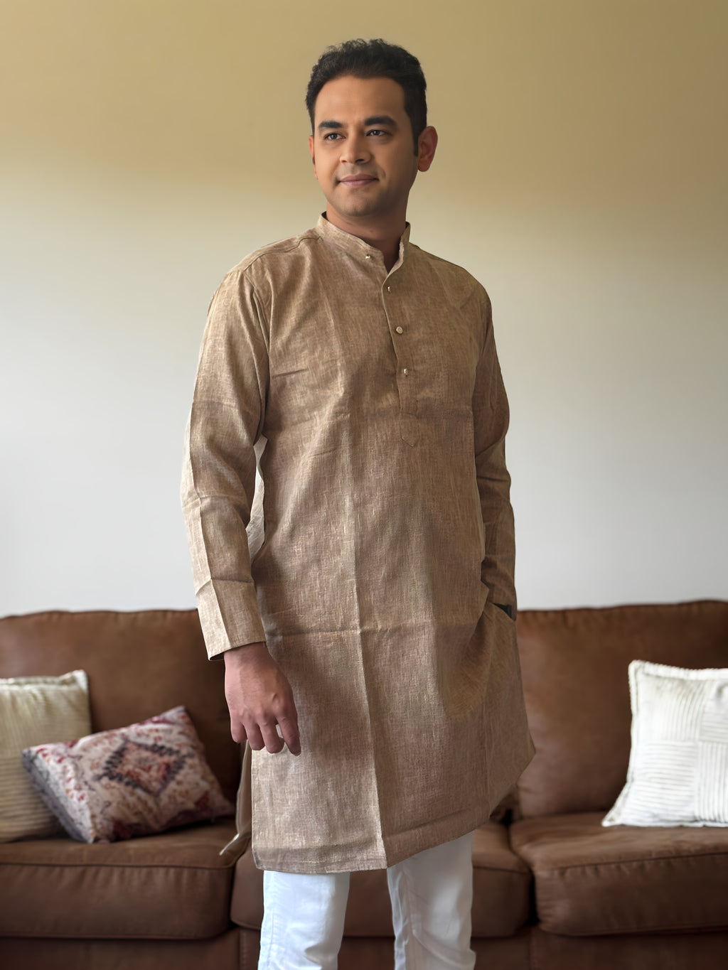 Light Brown Linen Men Kurta
