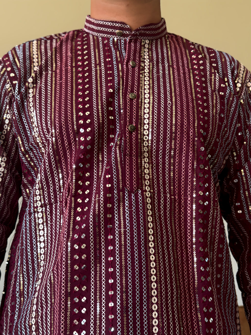 Wine Thread Work Men Kurta