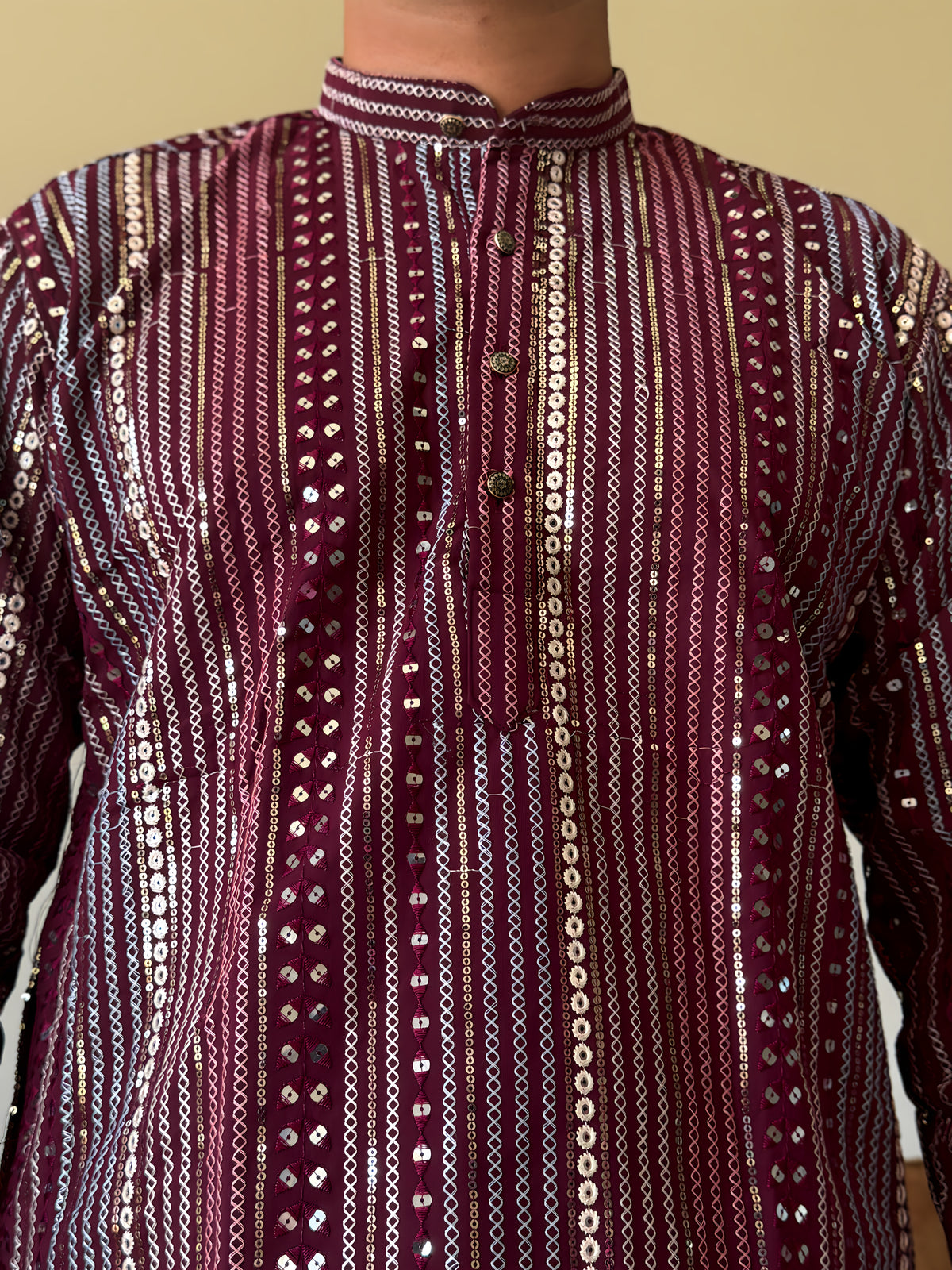 Wine Thread Work Men Kurta