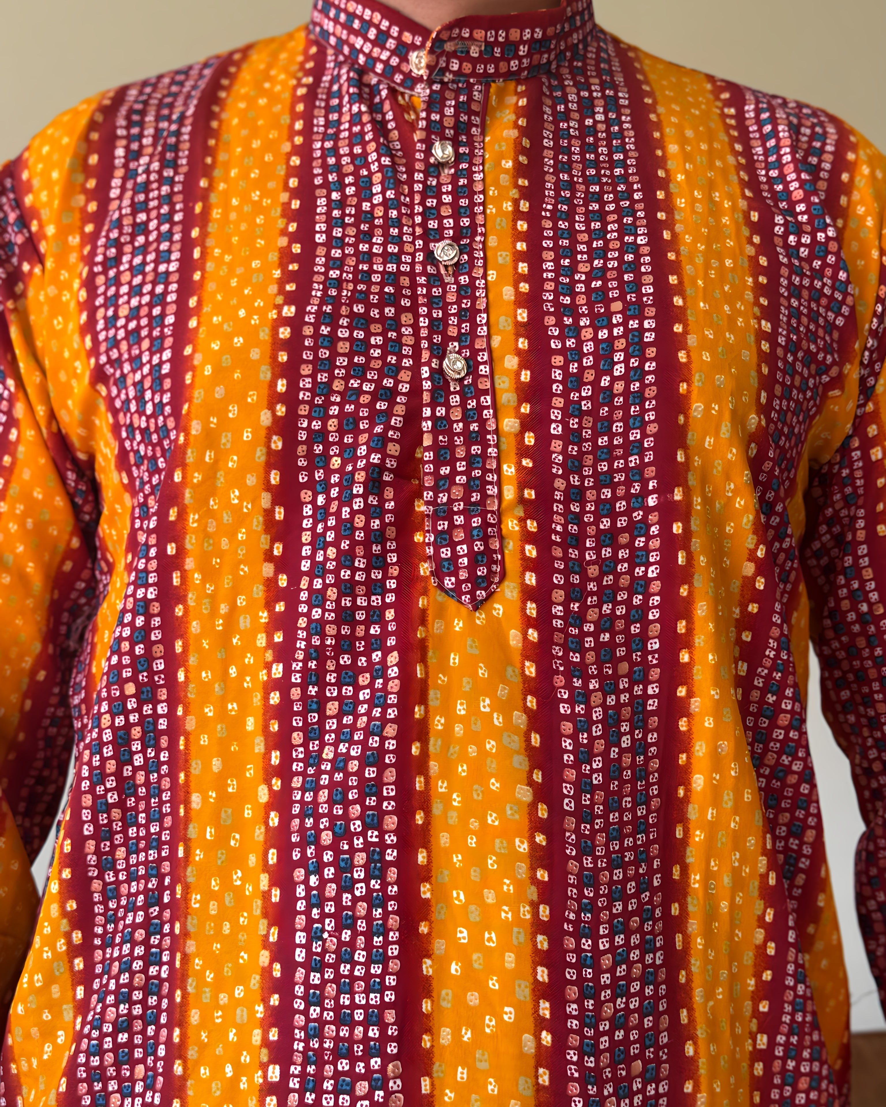Orange Red Bandhani Men Kurta