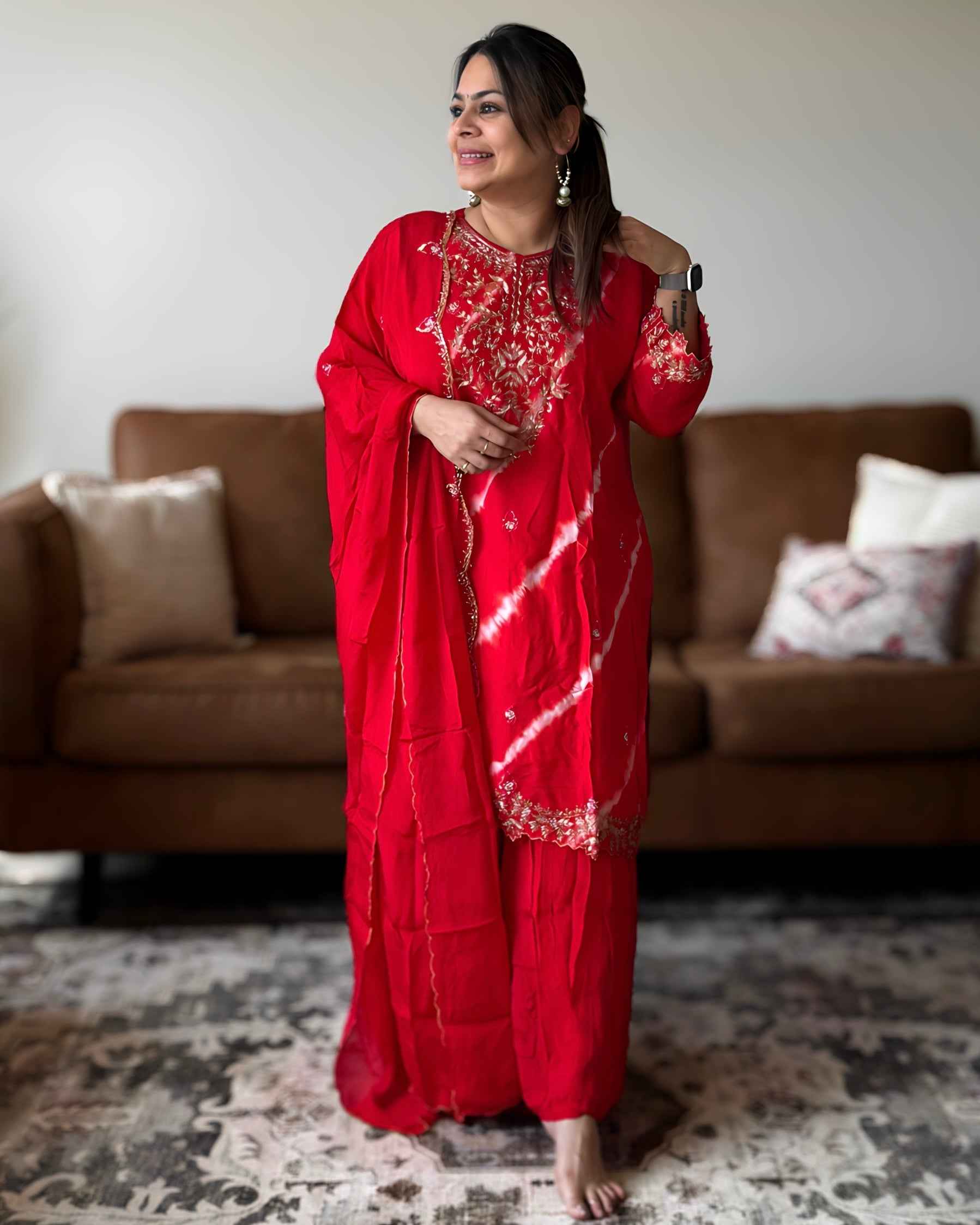 Red Leheriya Dola Silk A-Line Set – Premium Ethnic Wear with Round Neck (Up to 3XL)