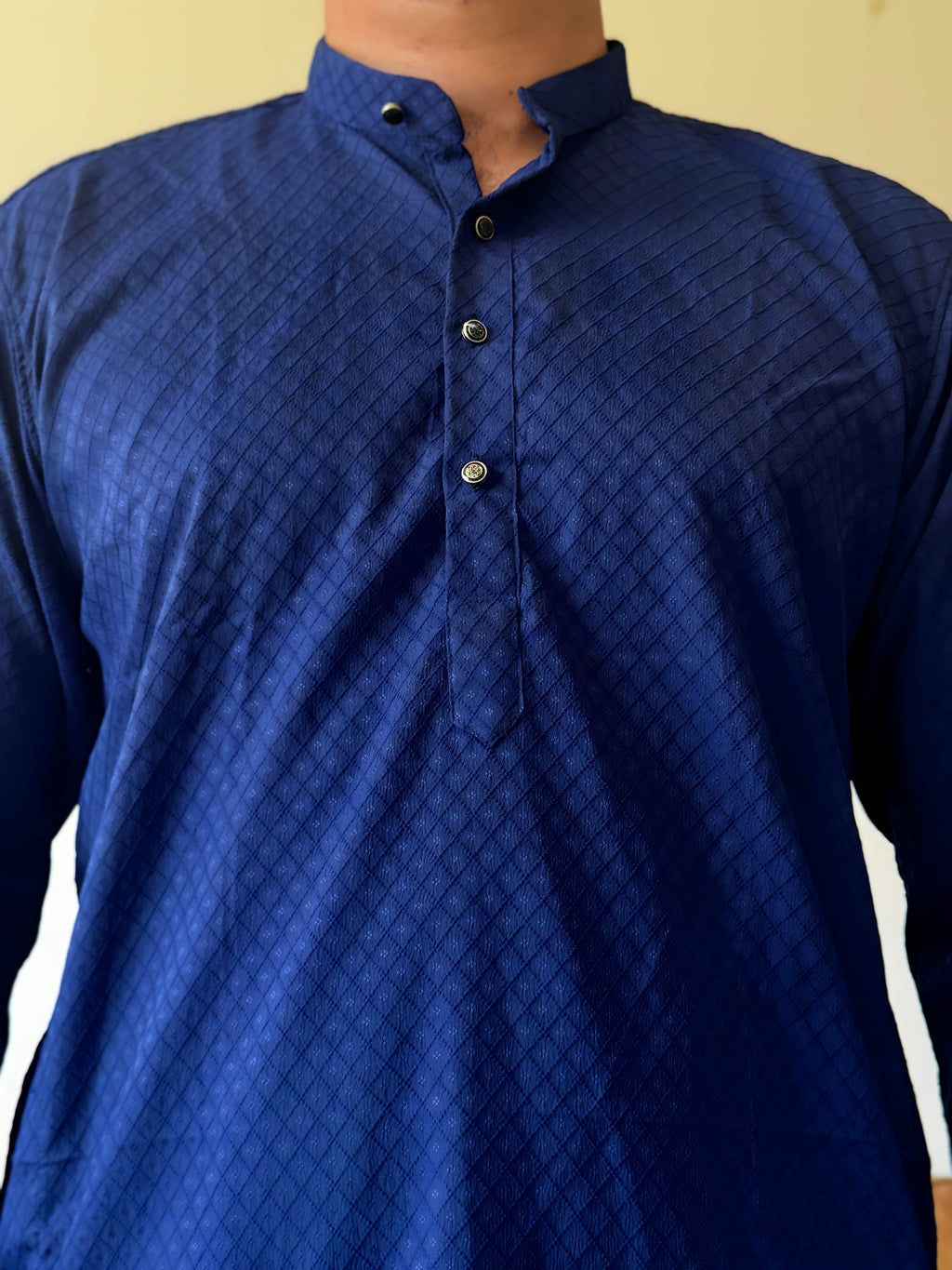 Navy Blue Self Print Men Kurta 