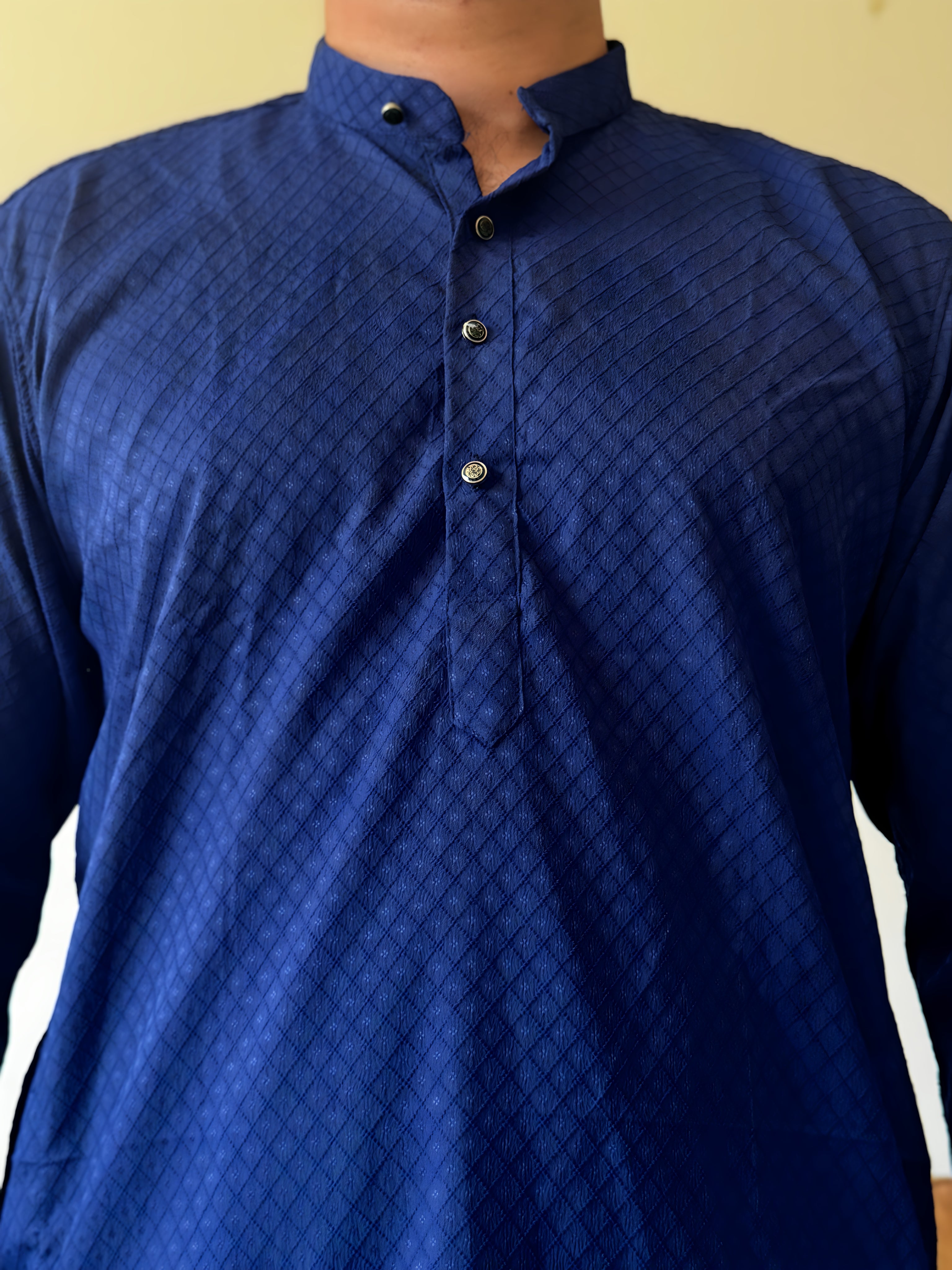 Navy Blue Self Print Men Kurta 