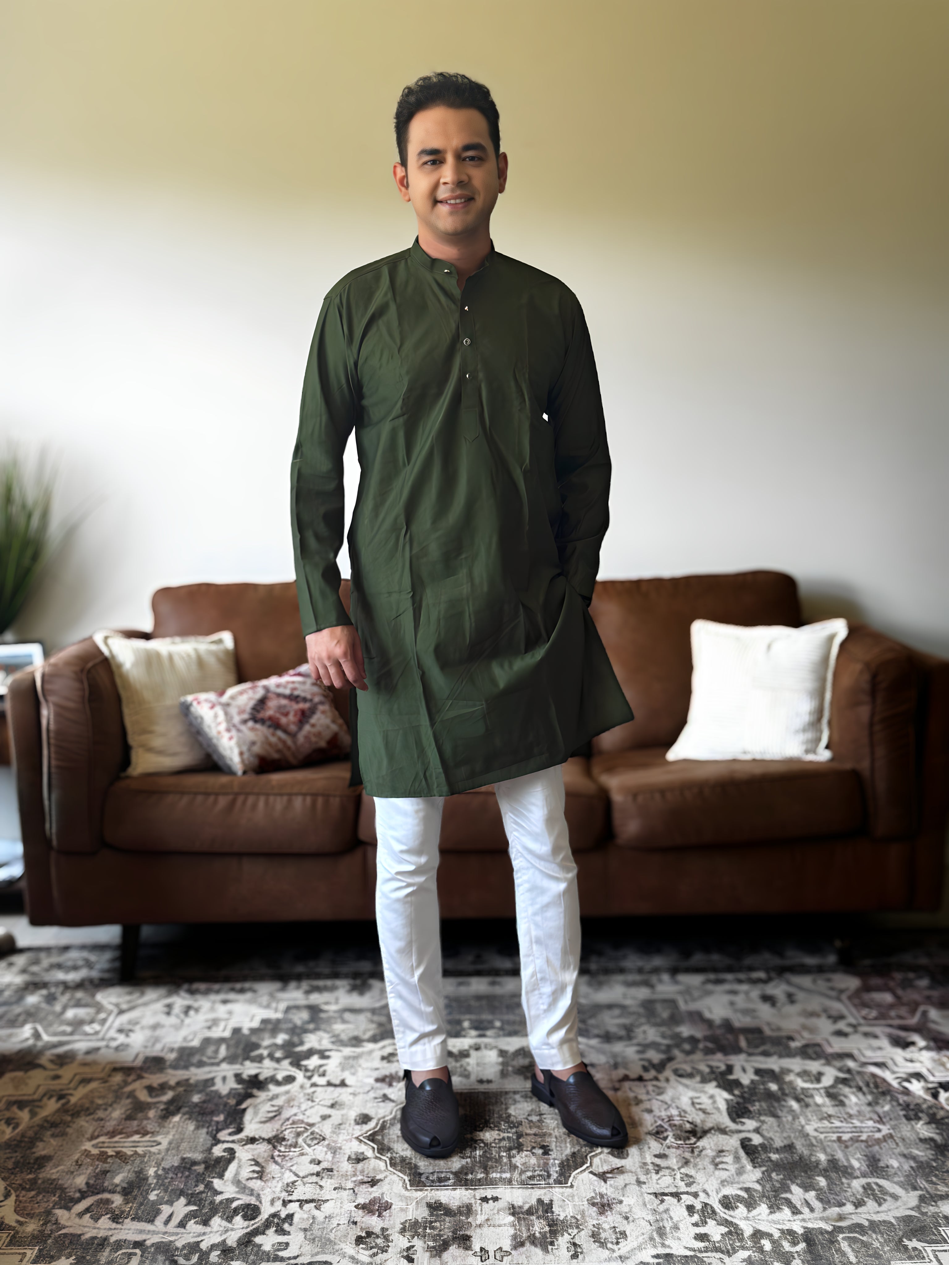 Green Plain Men Kurta