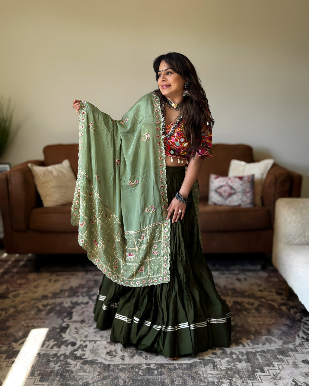 Green Chaniya Choli with Multicolor Blouse – 18 Metre Gher