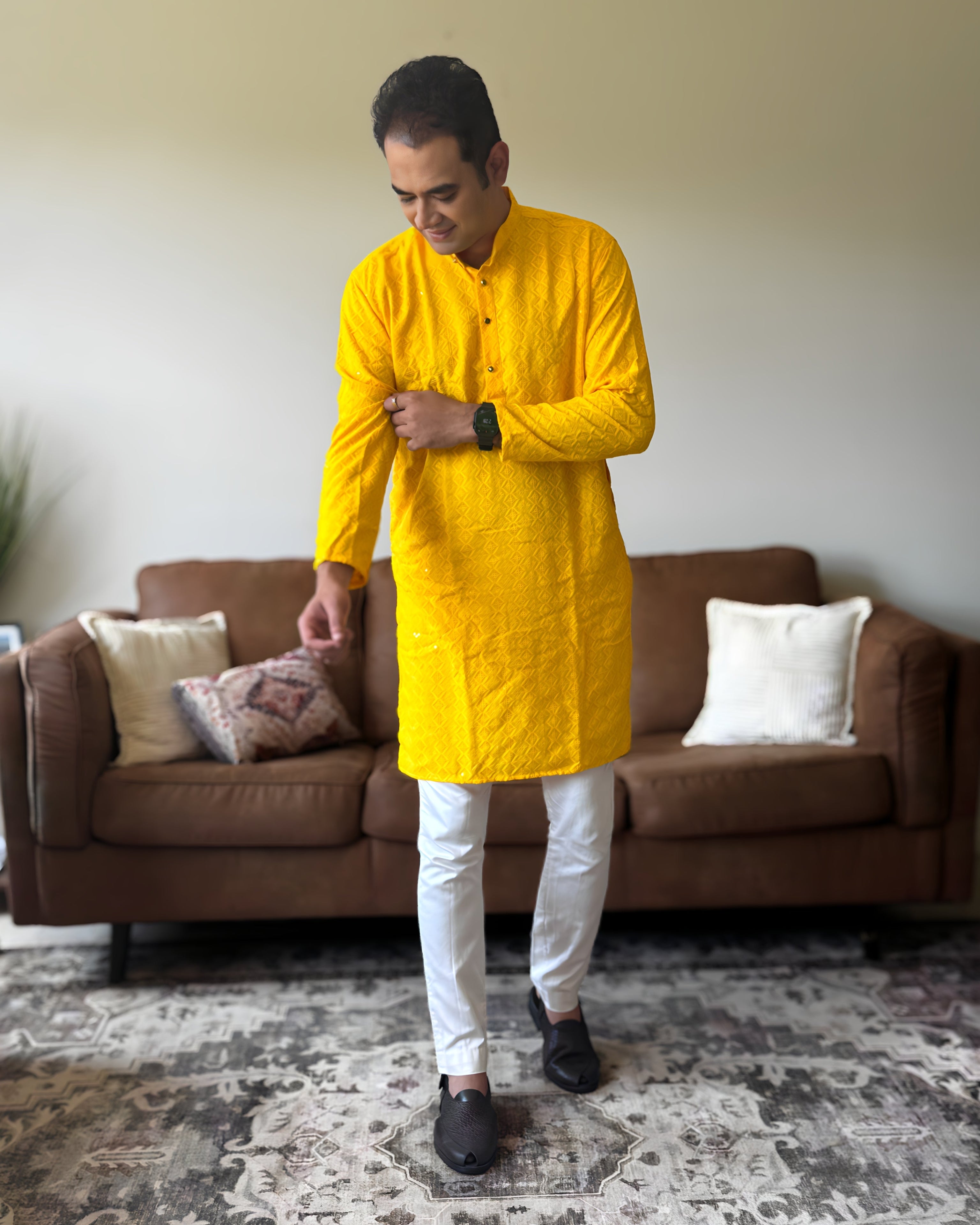 Yellow Lucknowi Men Kurta