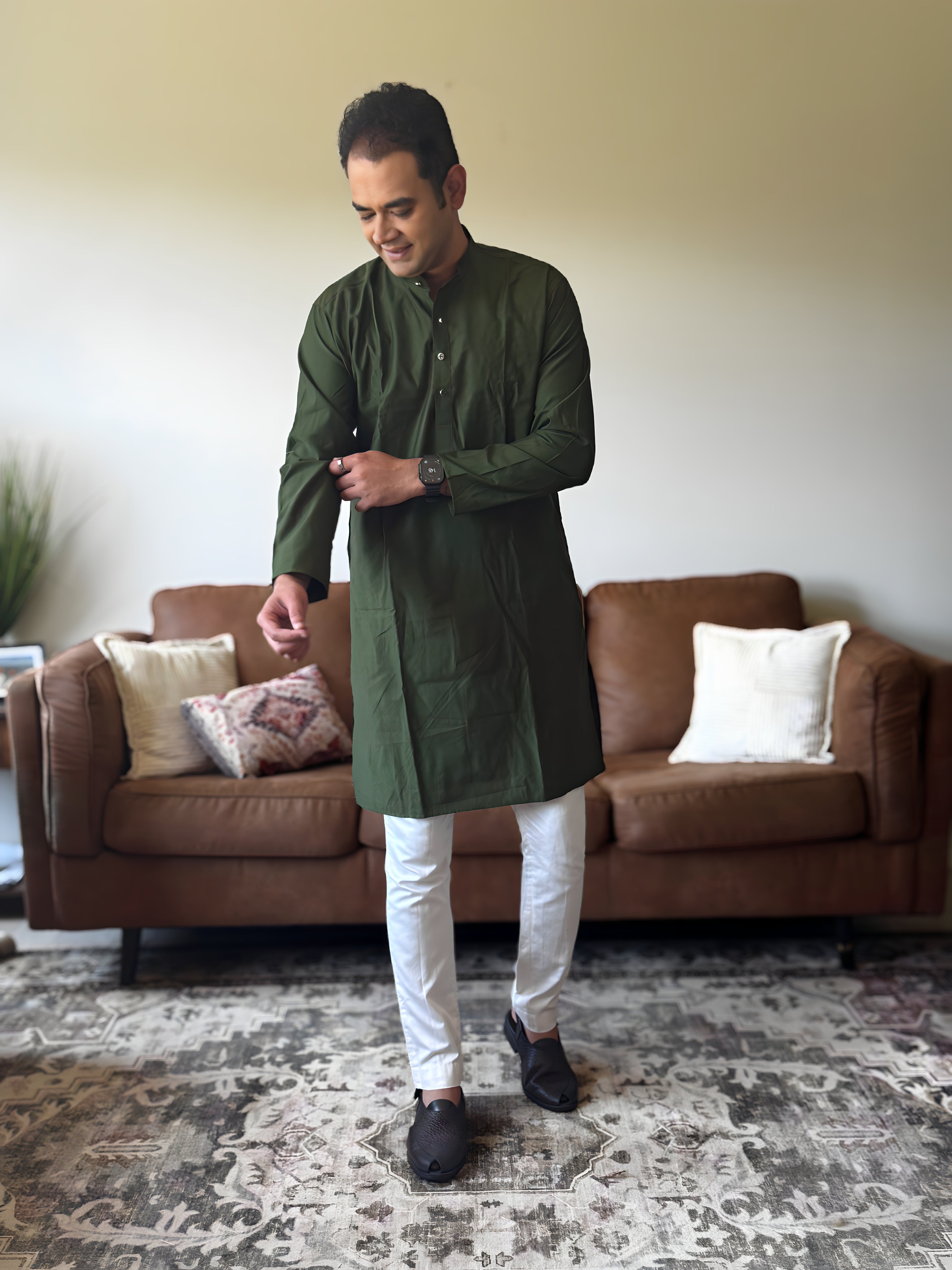 Green Plain Men Kurta