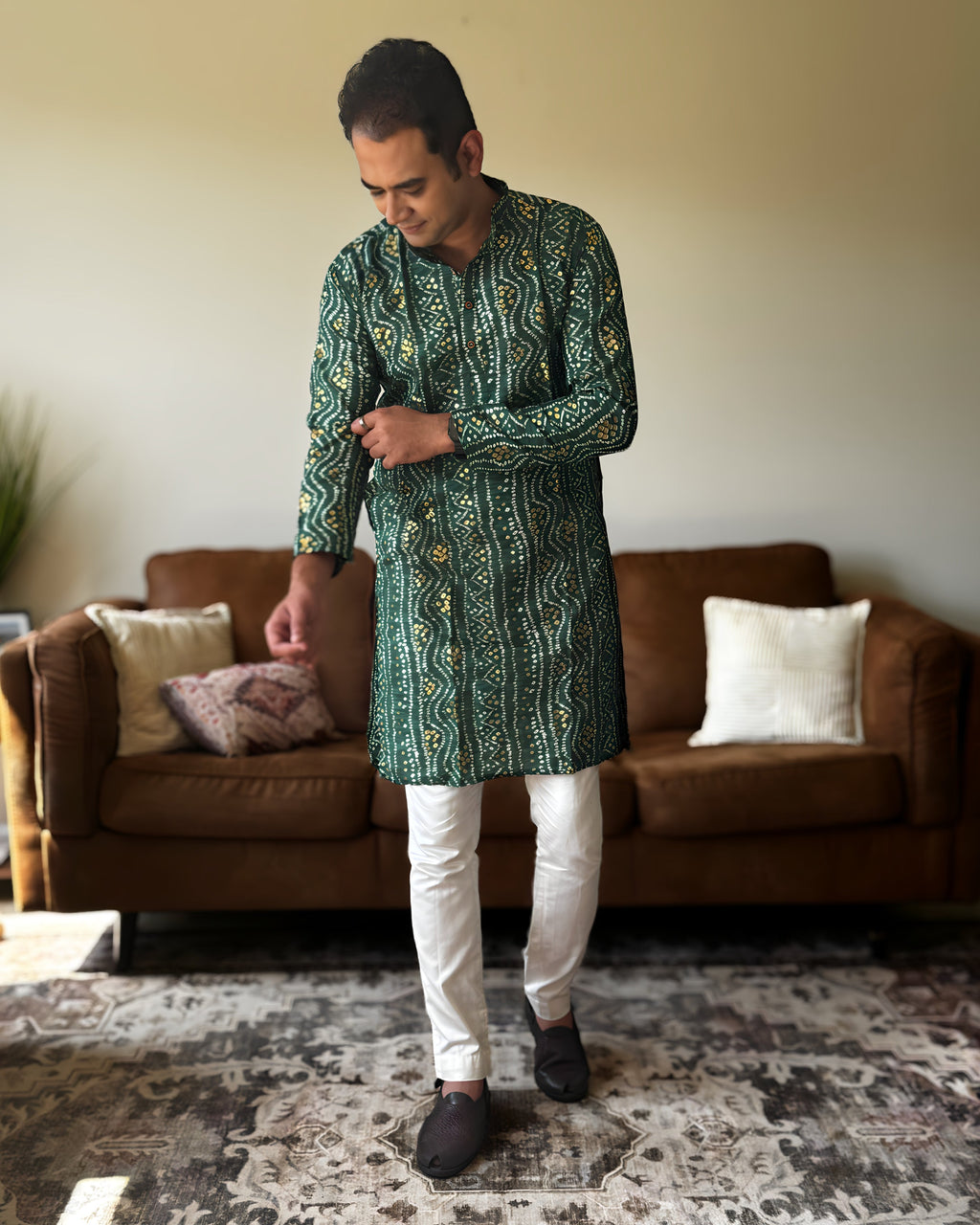 Green Bandhani Men Kurta