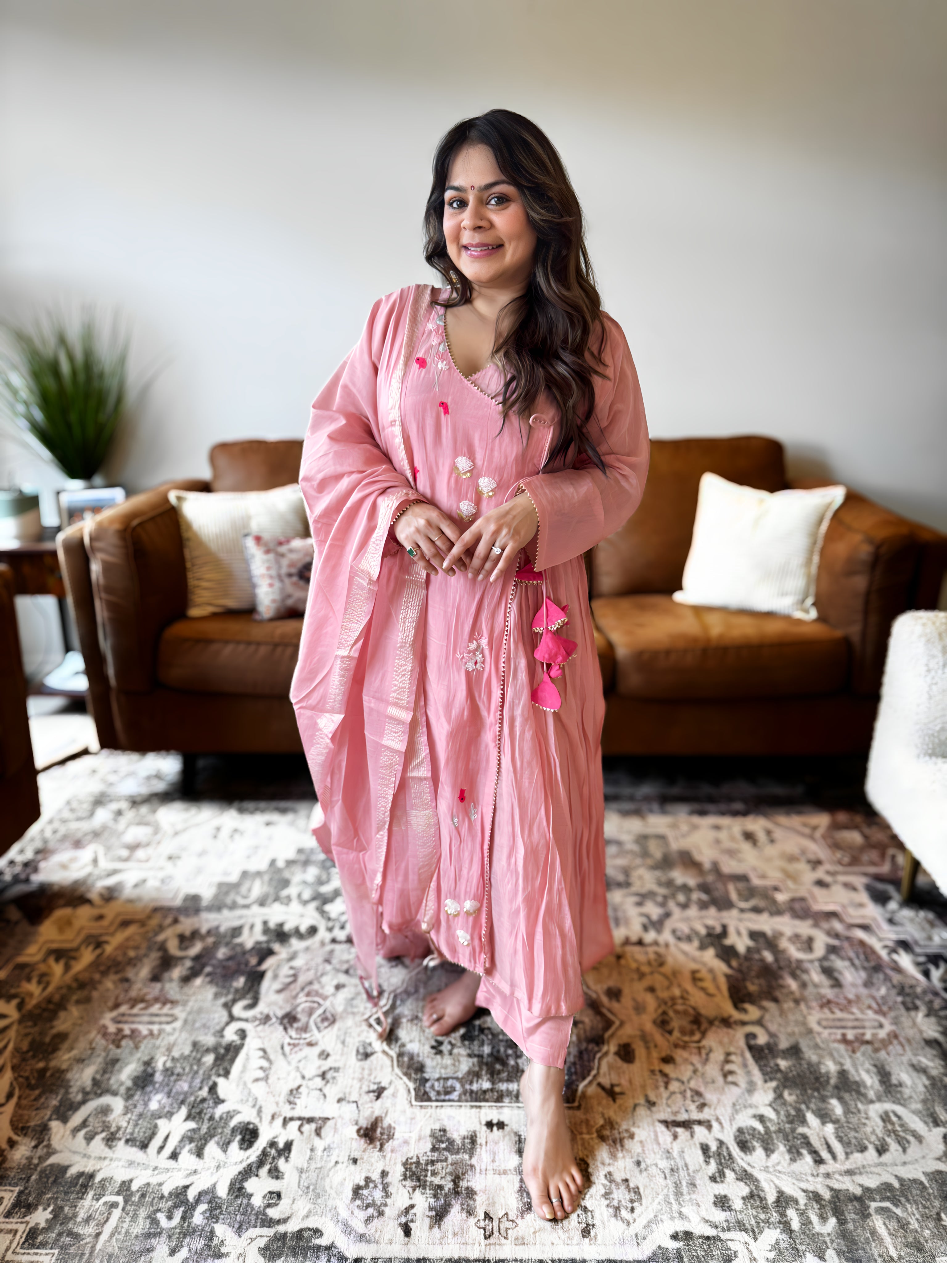 Baby Pink Mul Chanderi Kurta Set for Women