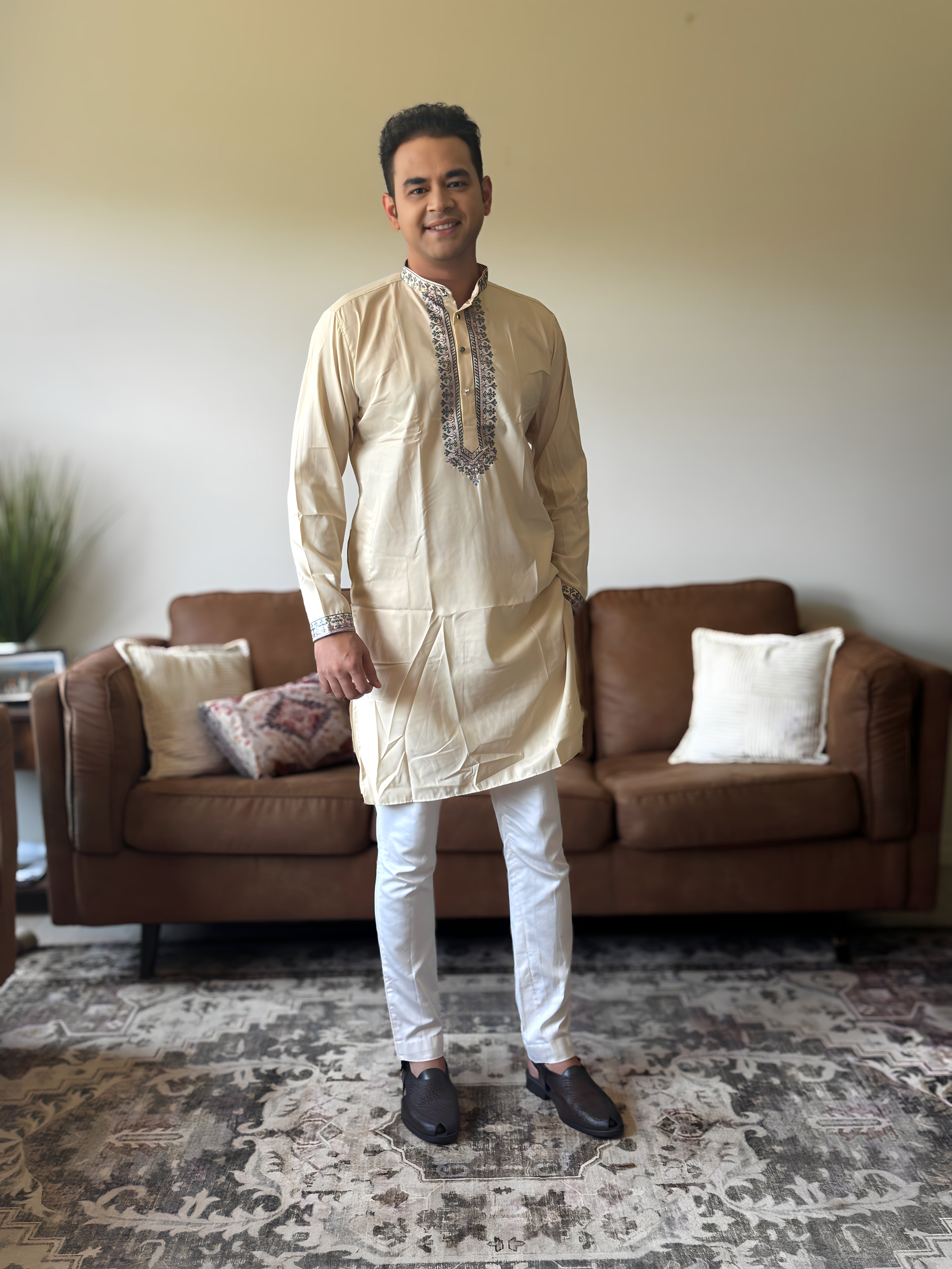 Beige Work Men Kurta