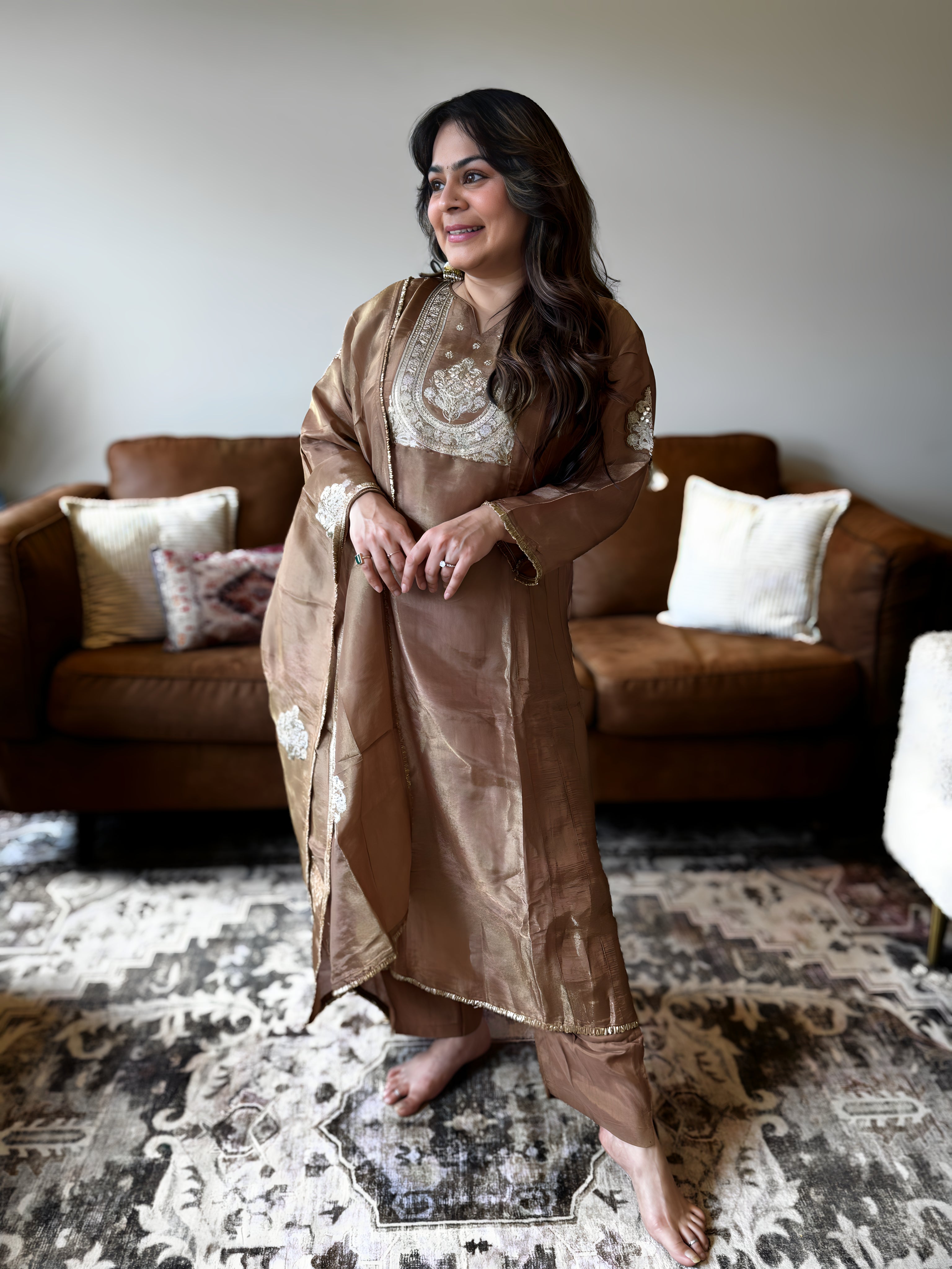 Copper Shimmer Glass Tissue Kurta Set for Women