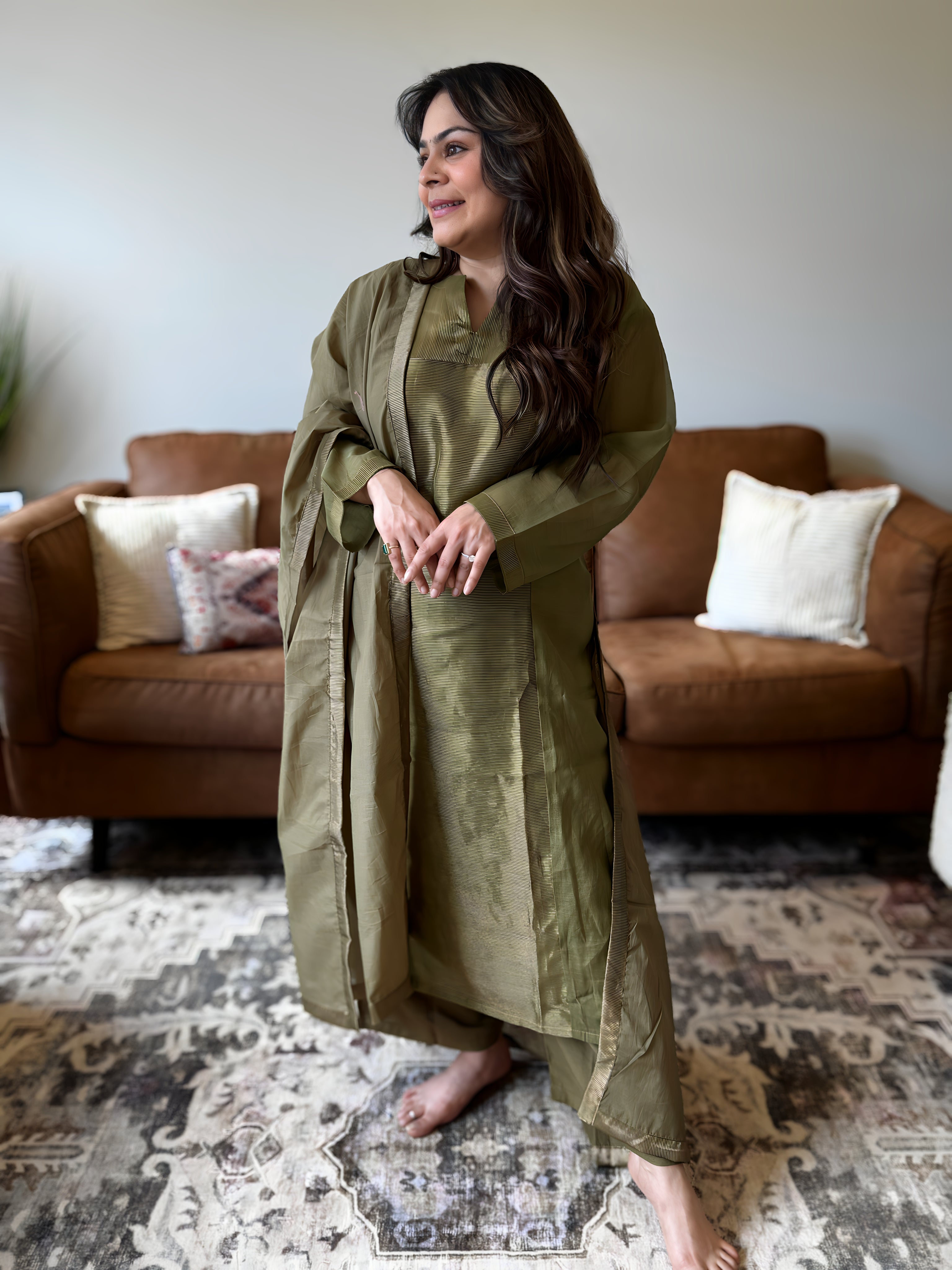 Olive Green Shimmer Mul Chanderi Kurta Set for Women