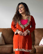 Orange Pink Mirror Chinon Kurta Set for Women