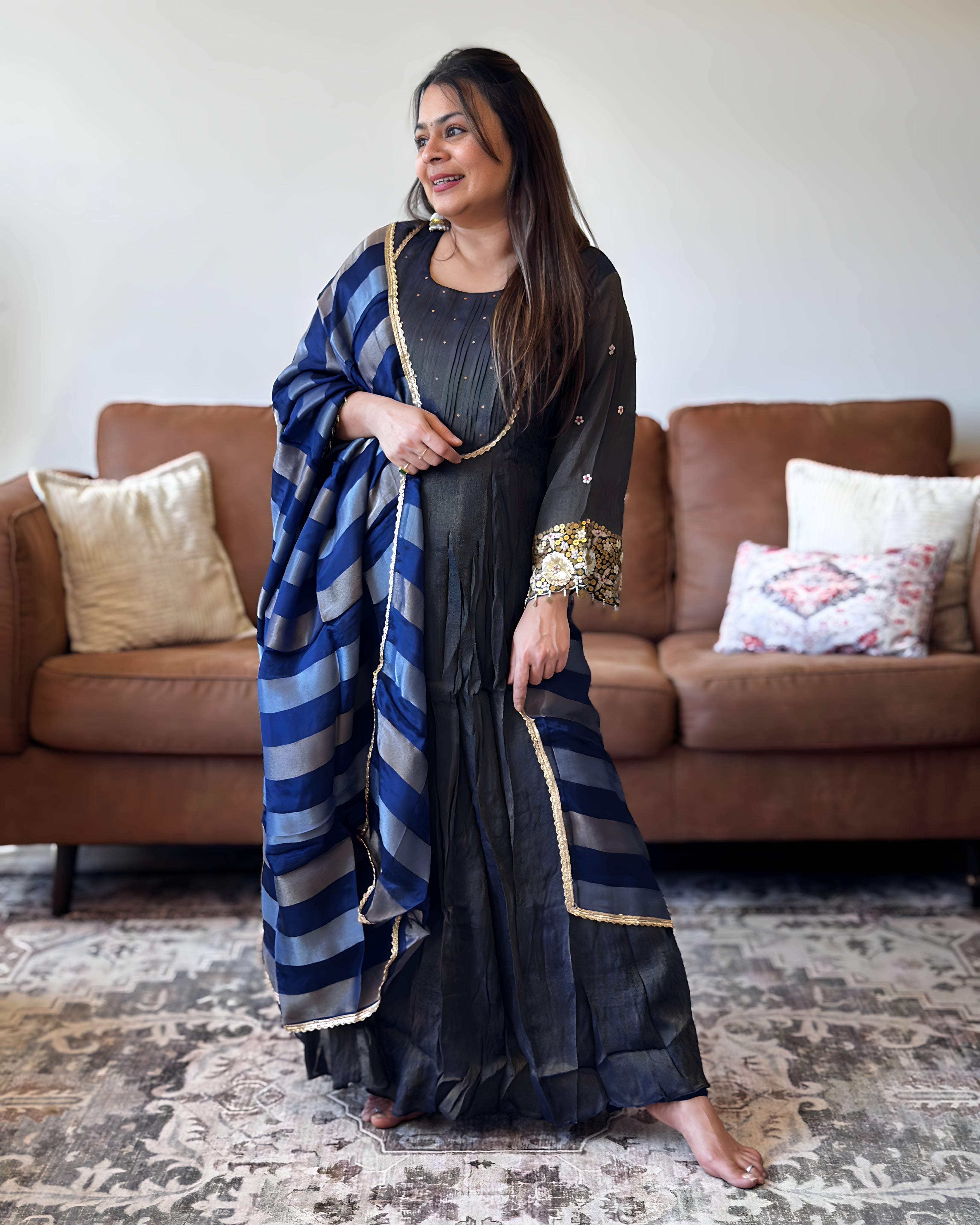 Blue Shimmer Glass Tissue Kurta Set for Women