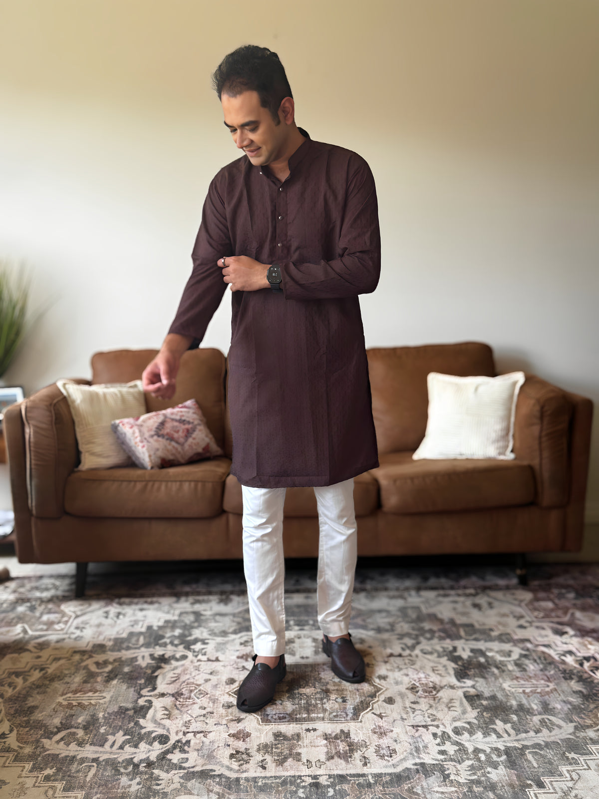 Chocolate Self Print Men Kurta