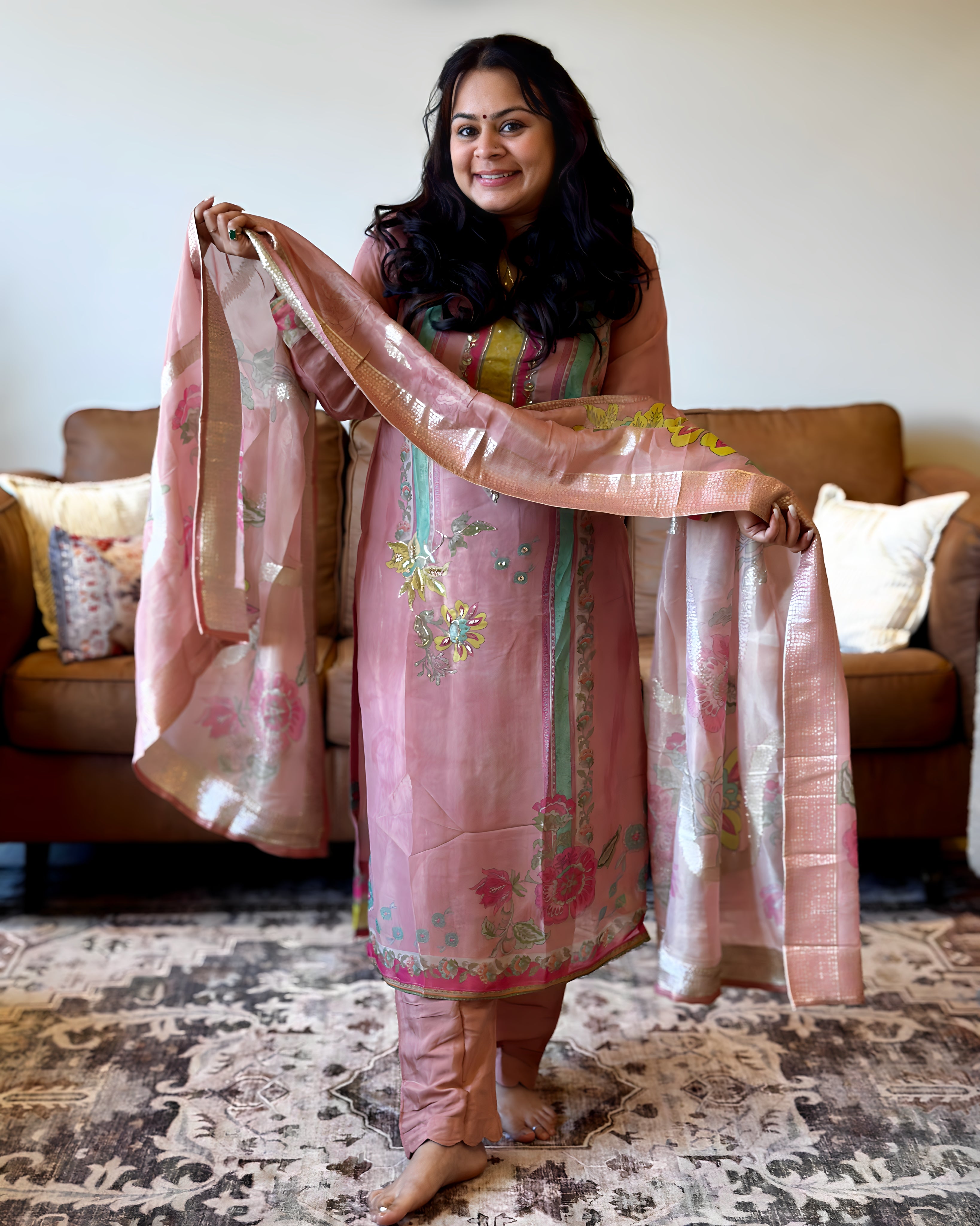 Dhwani wearing Pastel Pink Printed Suit available in Canada and USA