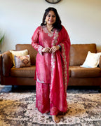 Dhwani wearing premium deep pink dola silk embroidered suit with matching dupatta – Go Desi Canada